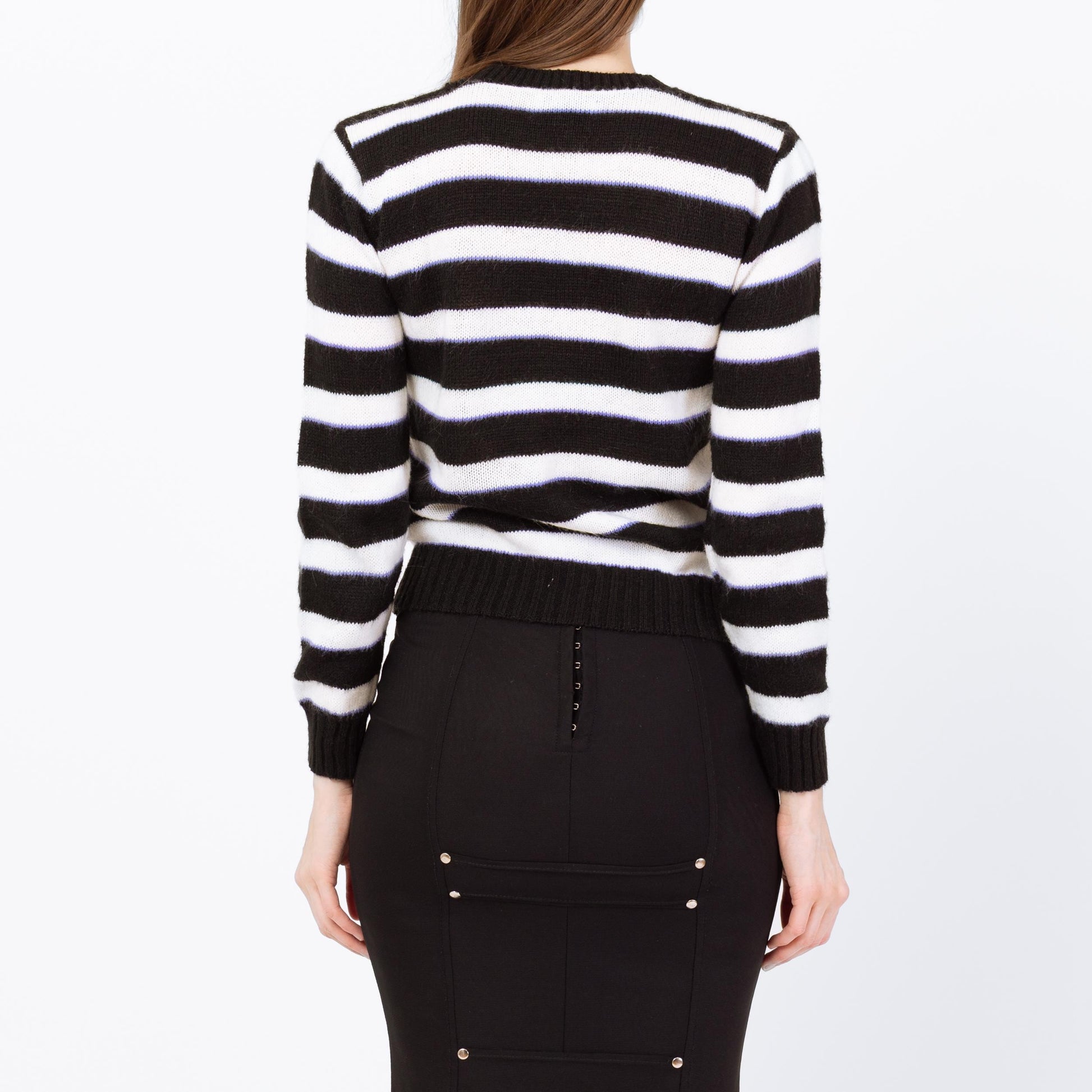 Vintage 80s Black & White Striped Cropped Sweater - Small | Punk Knit Pullover Jumper