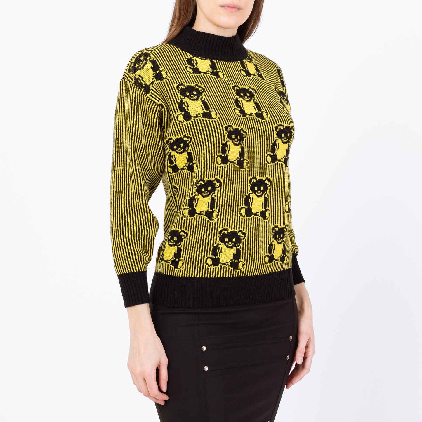 Vintage 80s Goth Teddy Bear Intarsia Knit Sweater - XS to Small | Black & Yellow Pullover