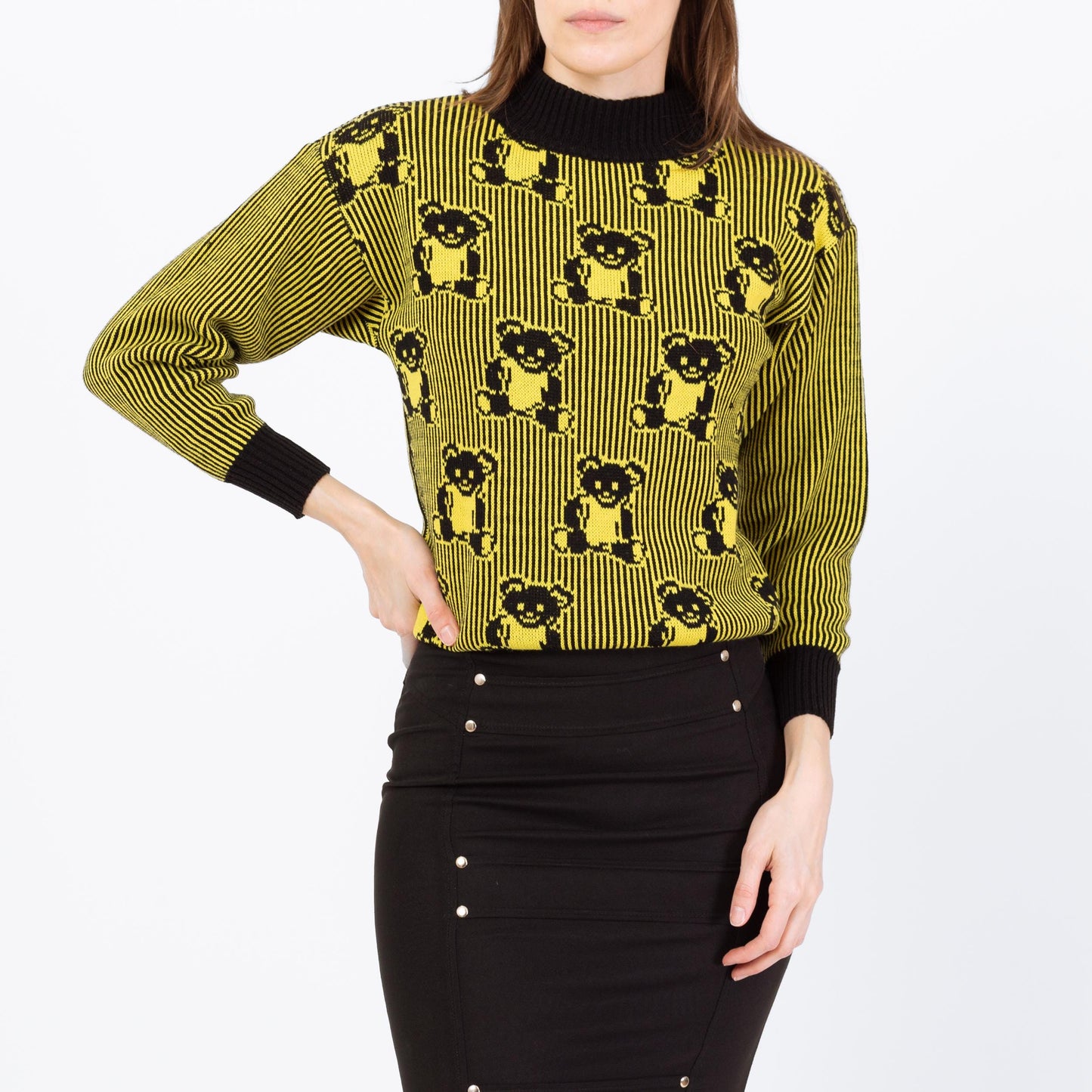 Vintage 80s Goth Teddy Bear Intarsia Knit Sweater - XS to Small | Black & Yellow Pullover