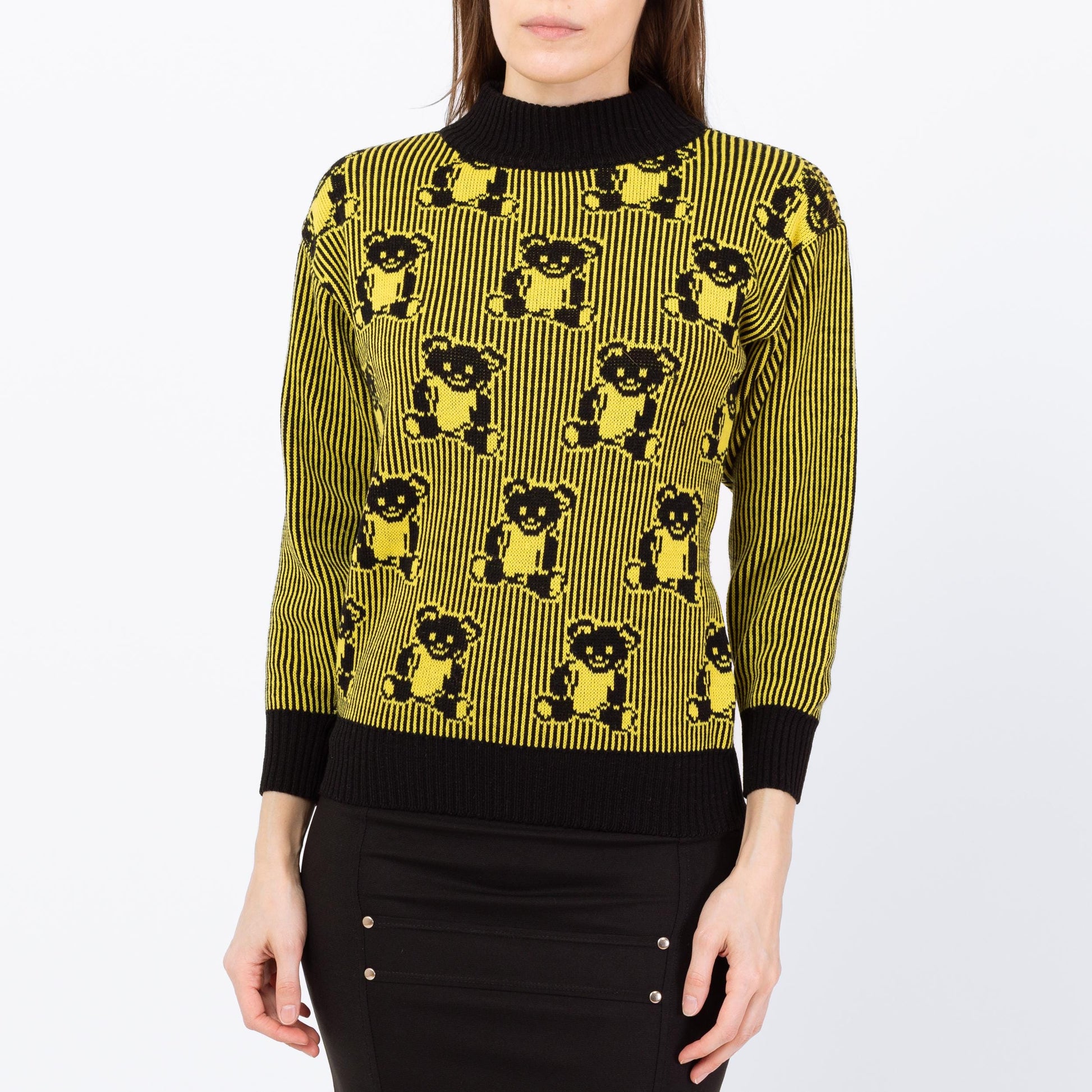 Vintage 80s Goth Teddy Bear Intarsia Knit Sweater - XS to Small | Black & Yellow Pullover