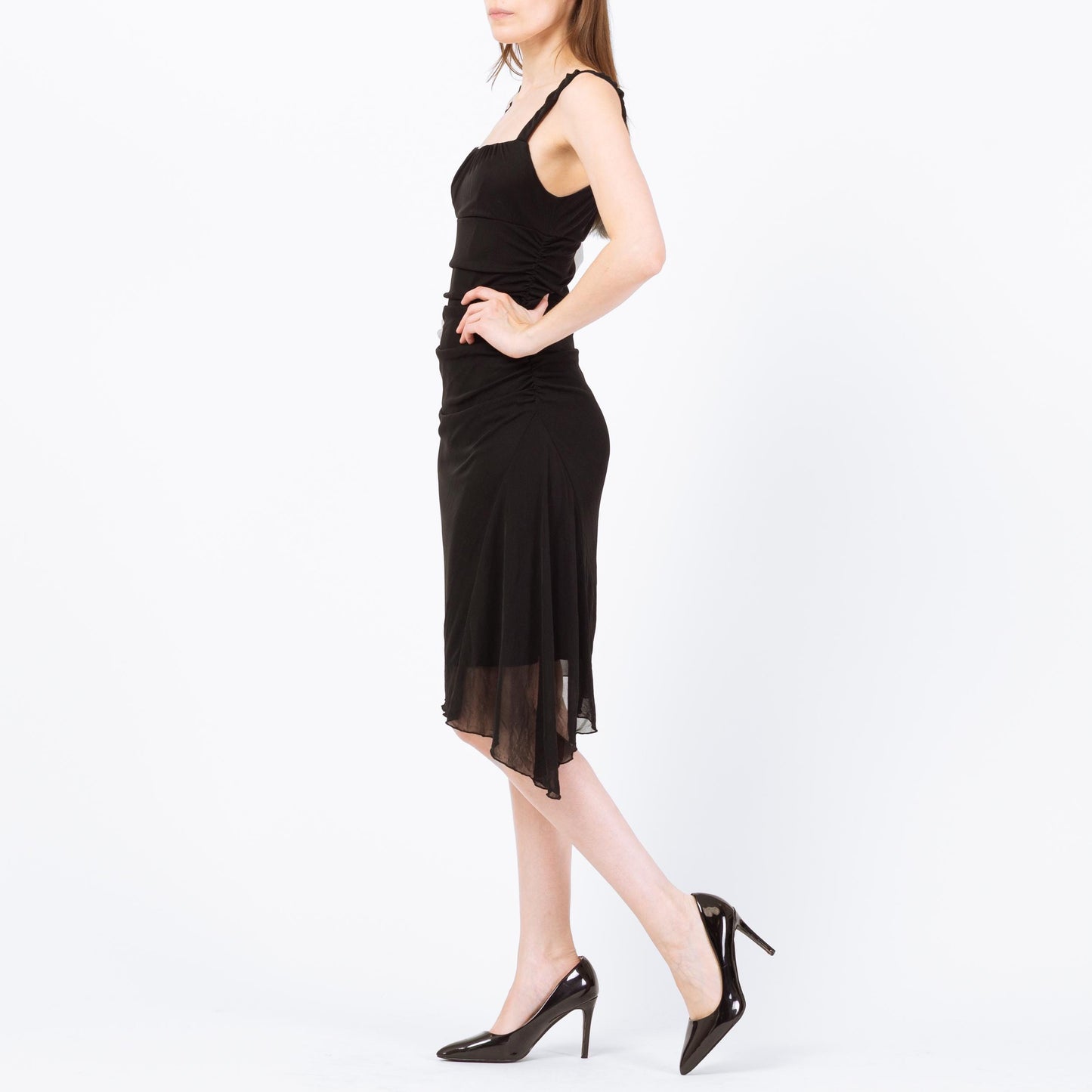Vintage 90s Black Asymmetrical Midi Party Dress - Small to Medium | Ruched Bodice High Low Hem Dress