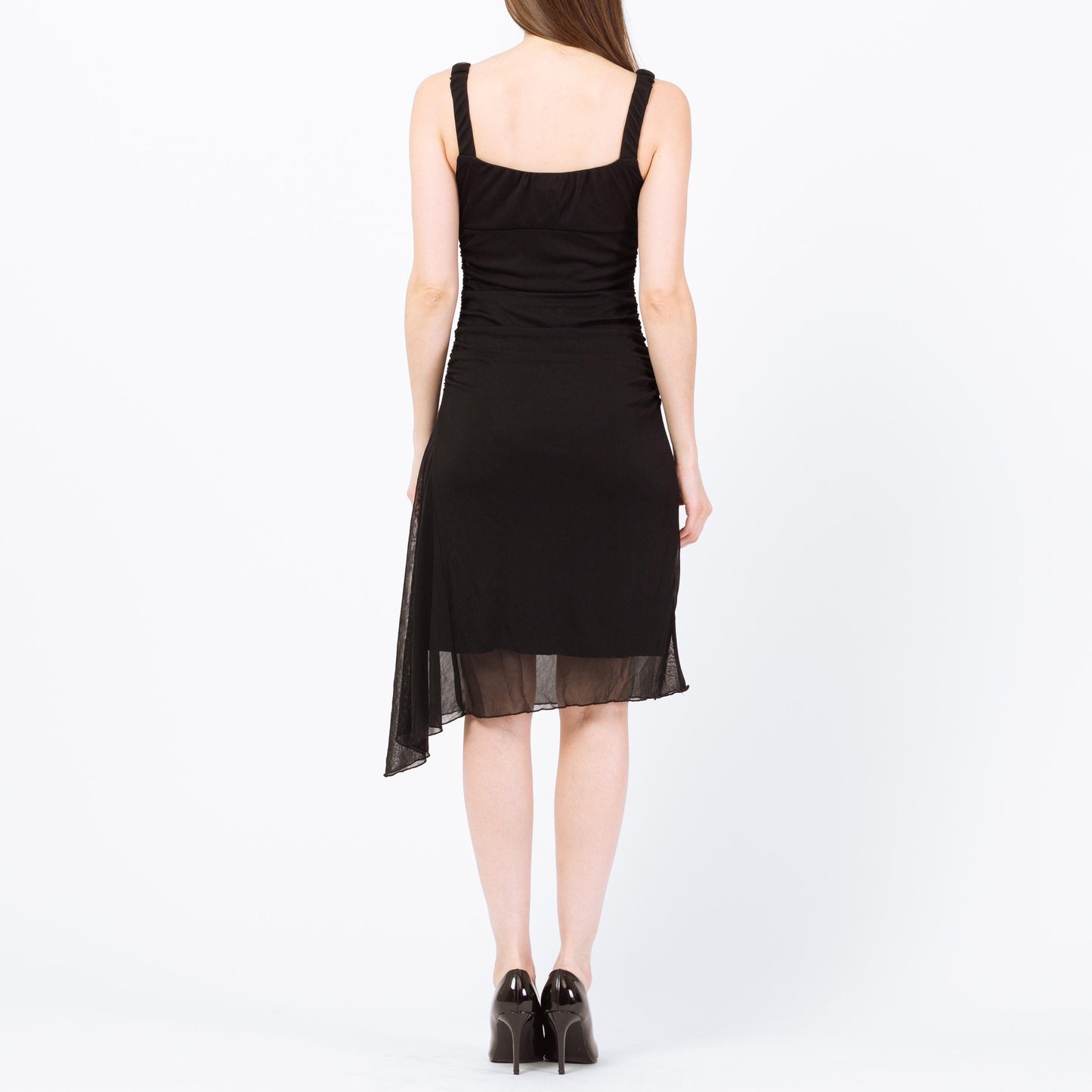 Vintage 90s Black Asymmetrical Midi Party Dress - Small to Medium | Ruched Bodice High Low Hem Dress