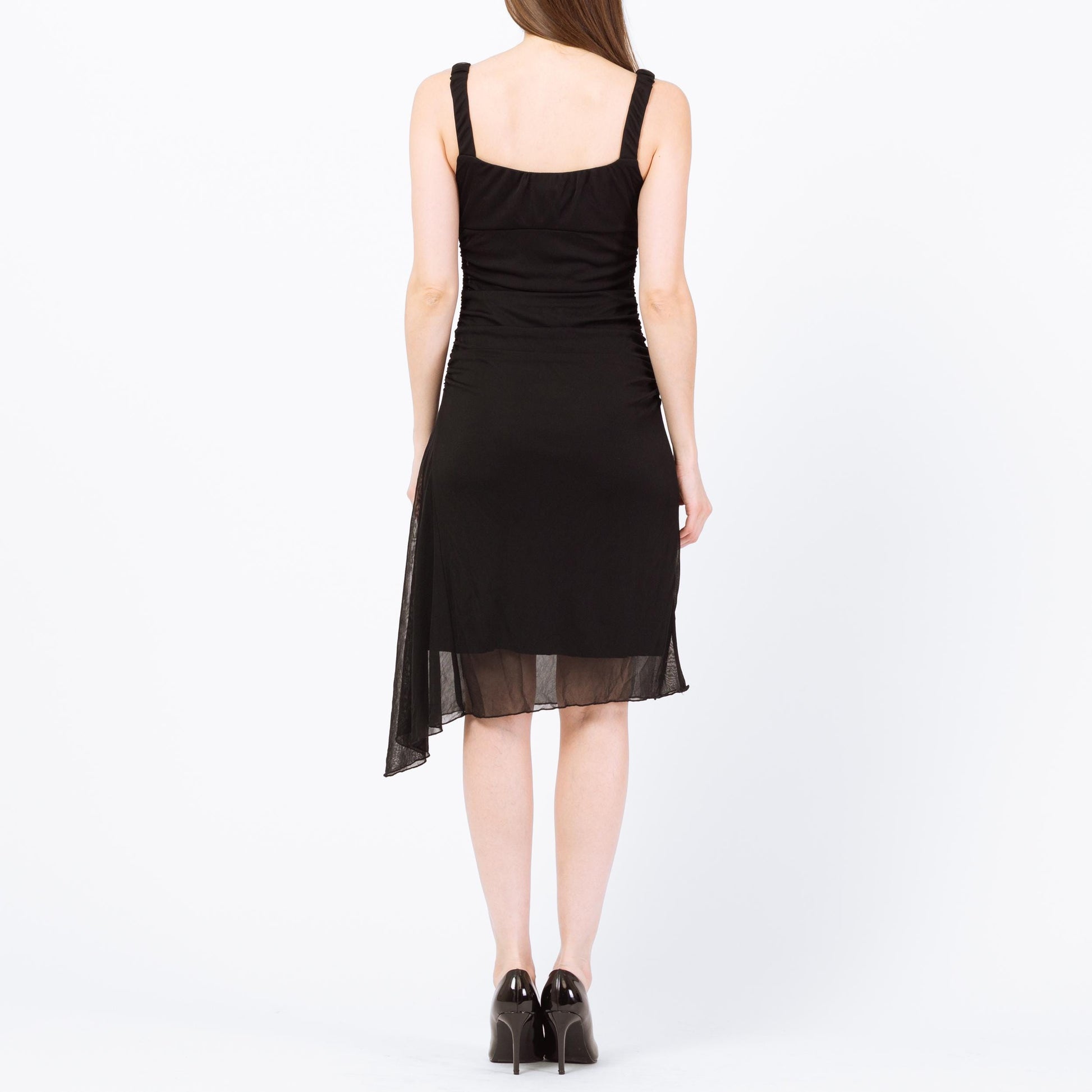 Vintage 90s Black Asymmetrical Midi Party Dress - Small to Medium | Ruched Bodice High Low Hem Dress