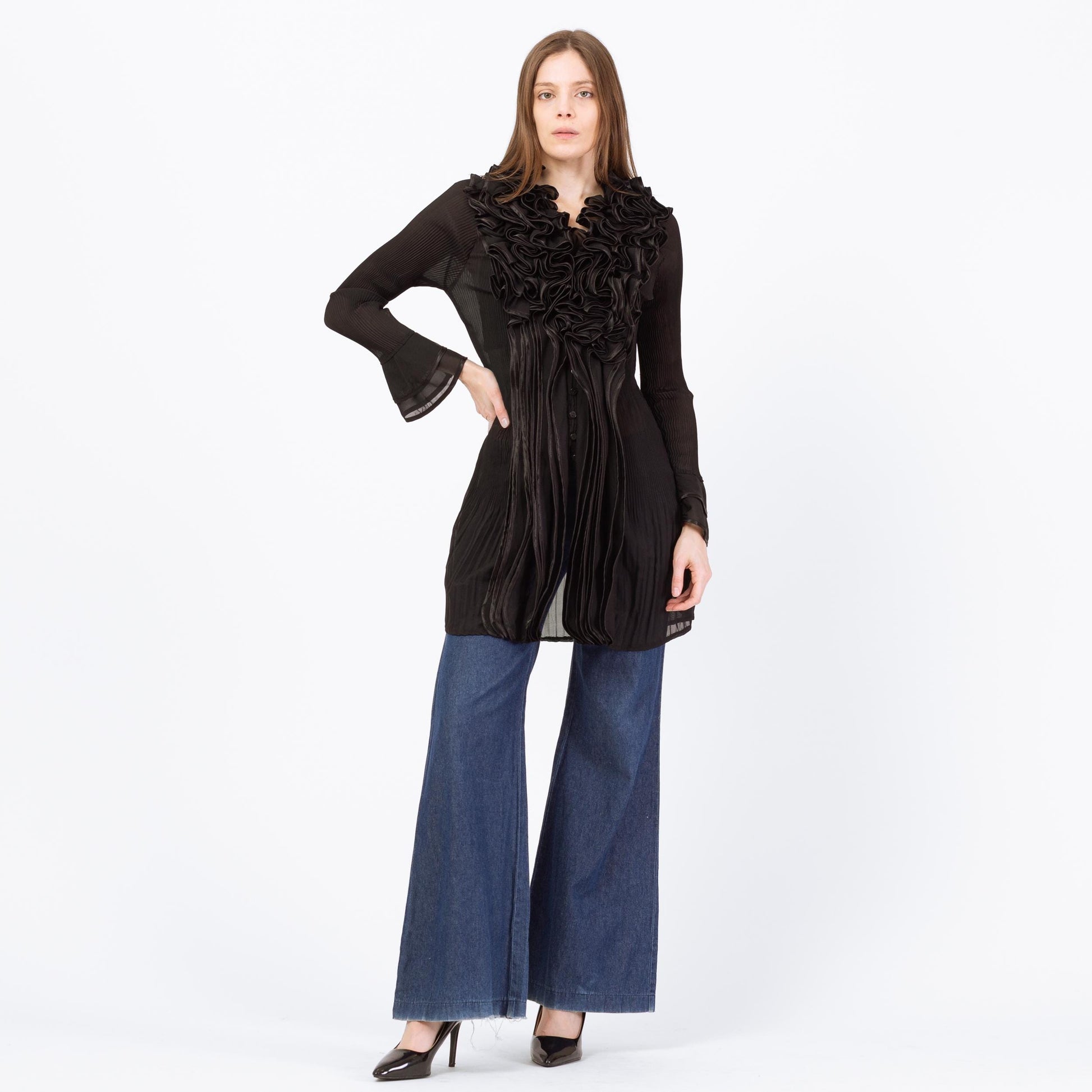 Vintage 90s Black Sheer Plisse Ruffle Collar Blouse - Small | Silk Blend Longline Tuxedo Top