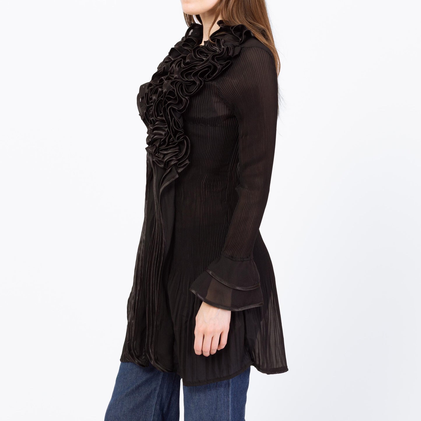 Vintage 90s Black Sheer Plisse Ruffle Collar Blouse - Small | Silk Blend Longline Tuxedo Top