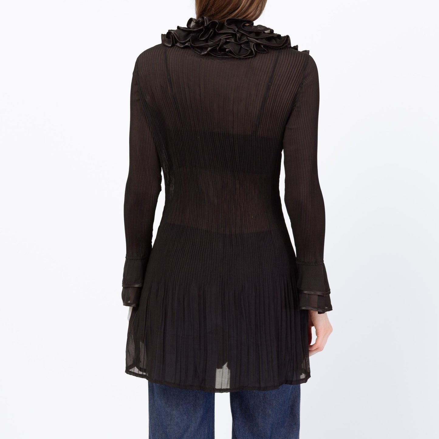 Vintage 90s Black Sheer Plisse Ruffle Collar Blouse - Small | Silk Blend Longline Tuxedo Top