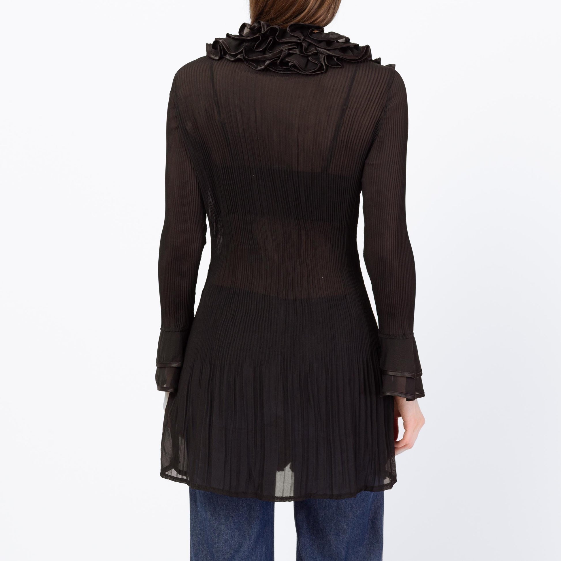 Vintage 90s Black Sheer Plisse Ruffle Collar Blouse - Small | Silk Blend Longline Tuxedo Top