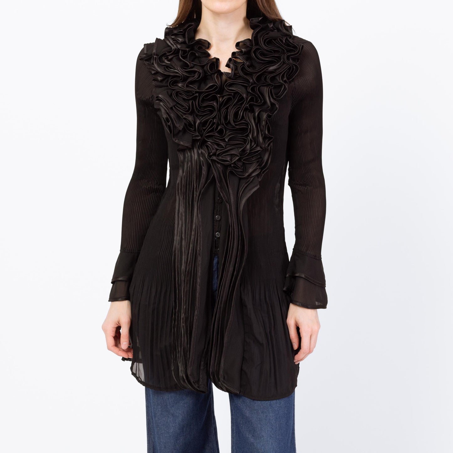 Vintage 90s Black Sheer Plisse Ruffle Collar Blouse - Small | Silk Blend Longline Tuxedo Top