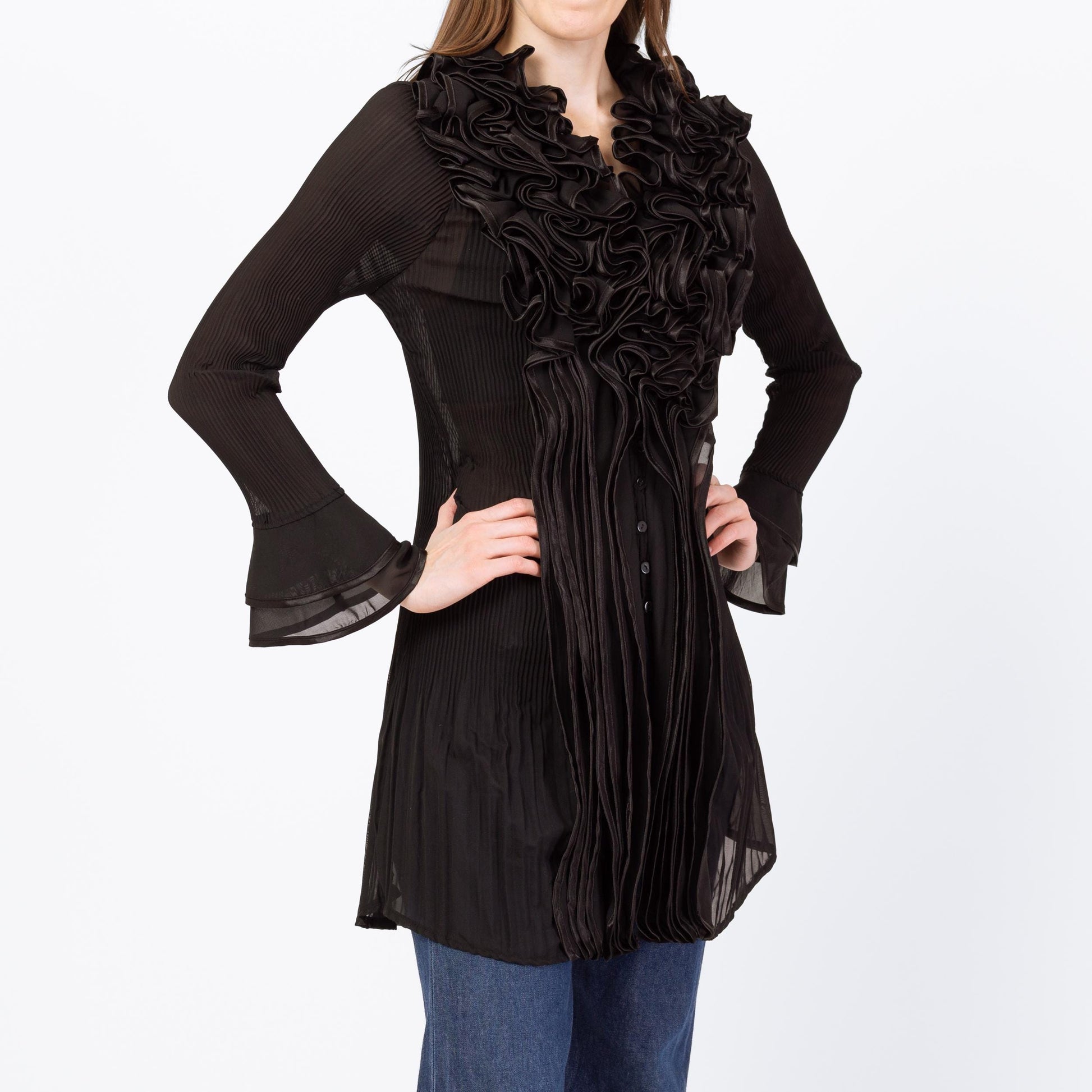 Vintage 90s Black Sheer Plisse Ruffle Collar Blouse - Small | Silk Blend Longline Tuxedo Top