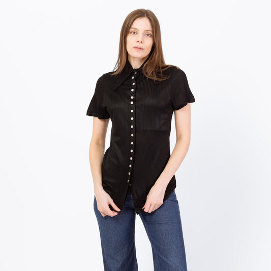 Vintage 70s Black Dagger Collar Mini Button Shirt - Extra Small | Retro Short Sleeve Top