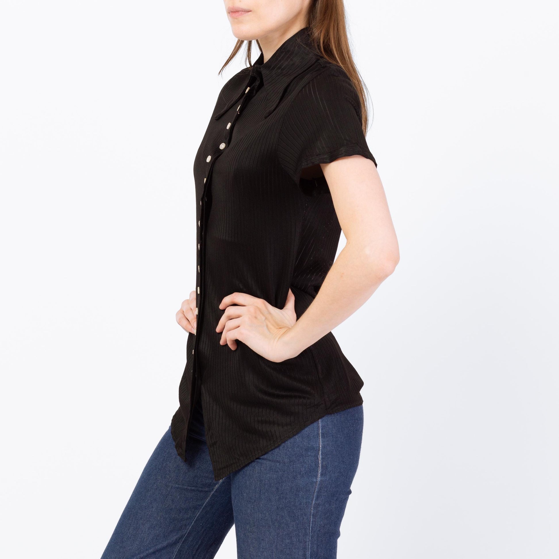 Vintage 70s Black Dagger Collar Mini Button Shirt - Extra Small | Retro Short Sleeve Top