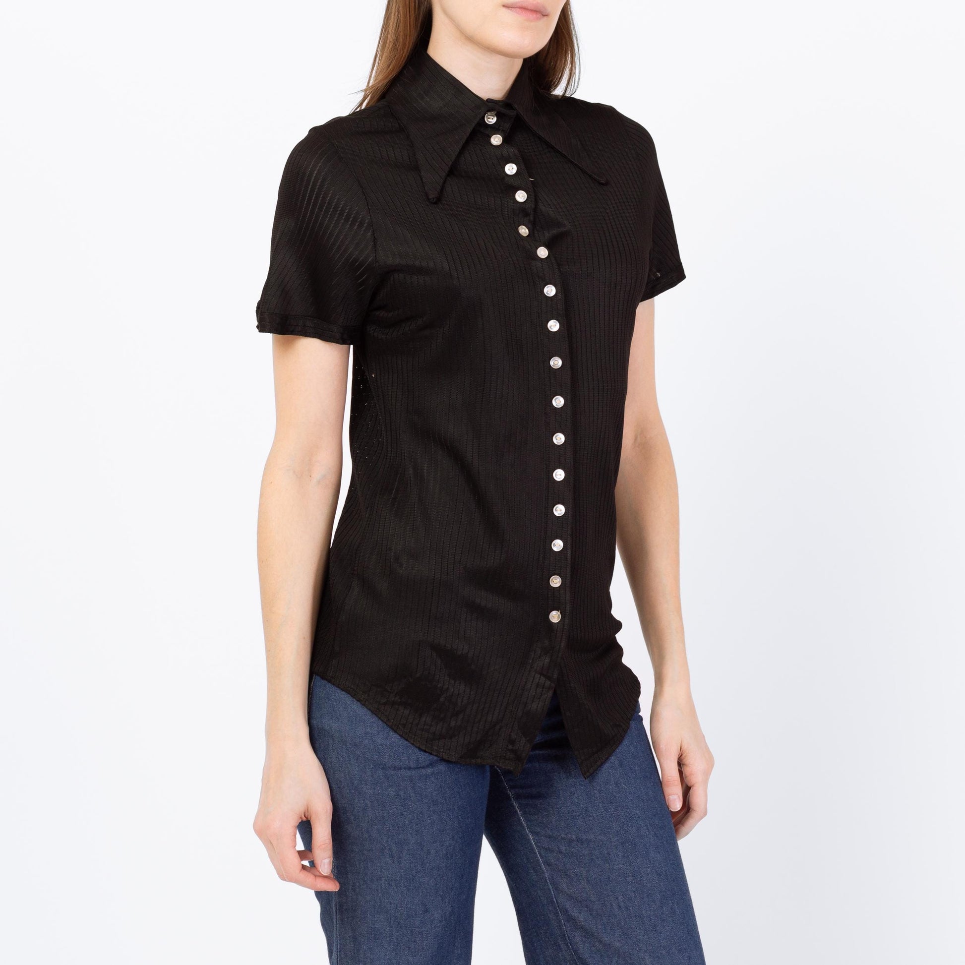 Vintage 70s Black Dagger Collar Mini Button Shirt - Extra Small | Retro Short Sleeve Top