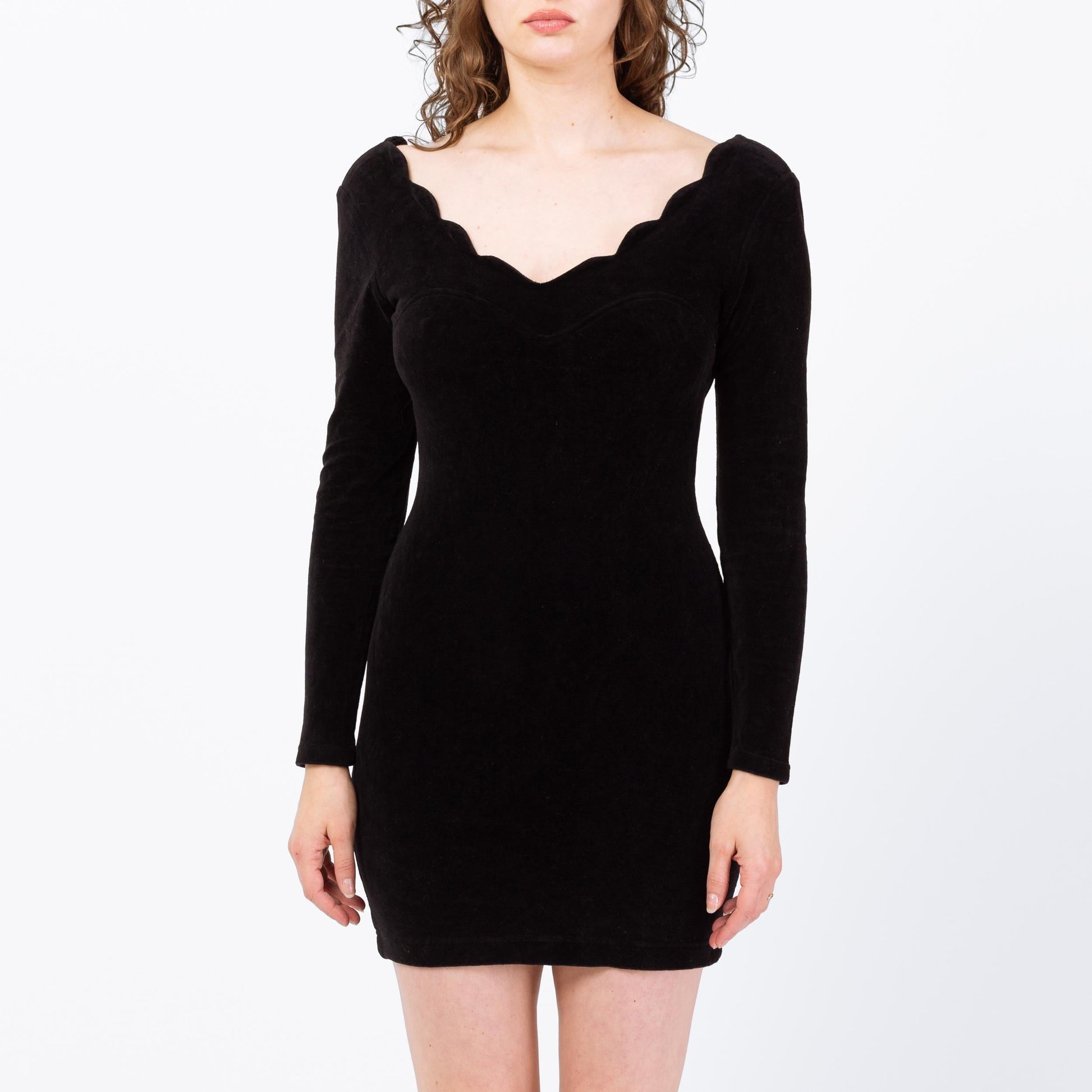 Vintage 80s Black Velvet Low Back Party Dress - Small | Scalloped V Neck Long Sleeve Mini Cocktail Dress