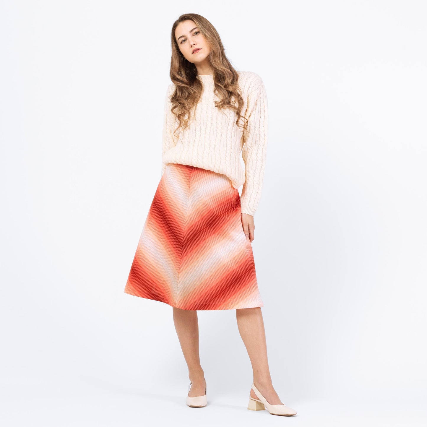 Vintage 70s Salmon Pink Gradient Chevron Midi Skirt - Extra Small, 24" | Retro High Waisted A Line Skirt