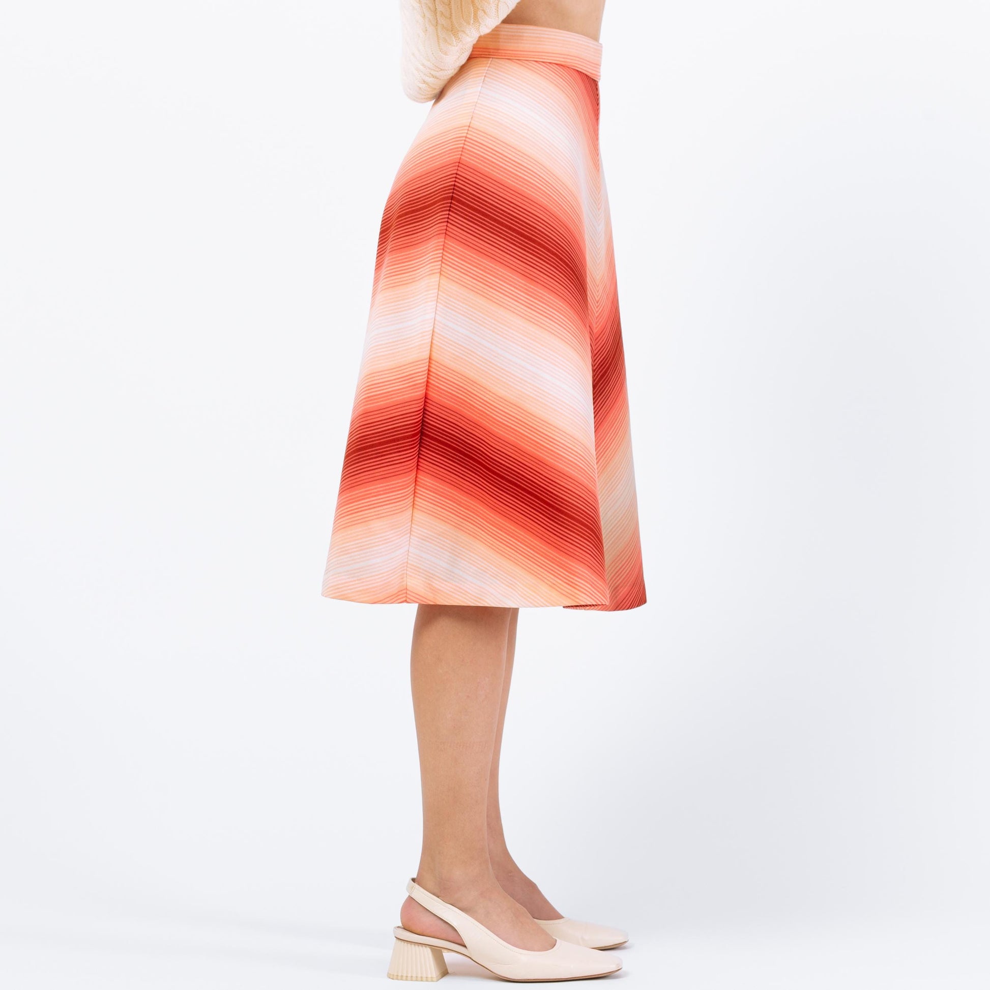 Vintage 70s Salmon Pink Gradient Chevron Midi Skirt - Extra Small, 24" | Retro High Waisted A Line Skirt