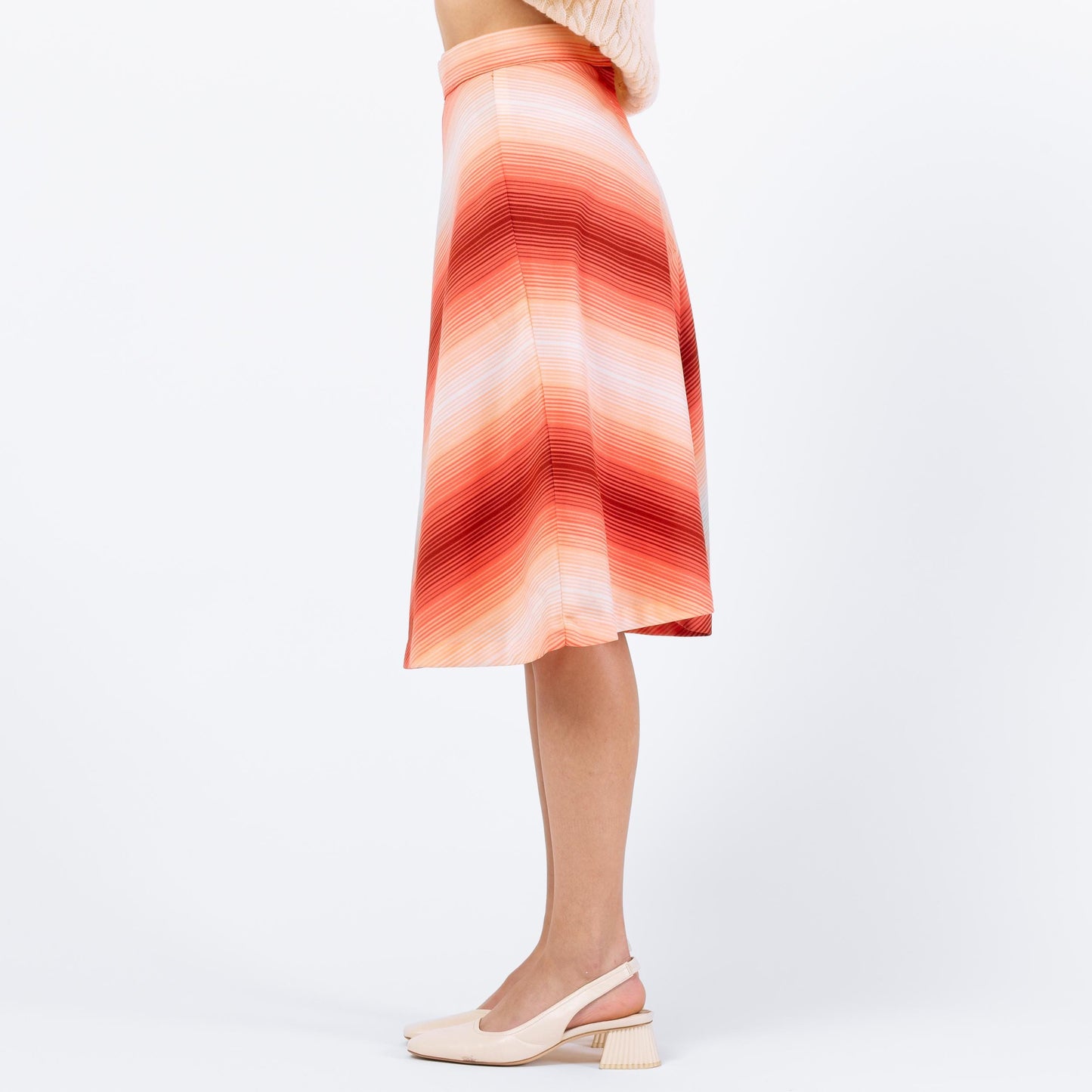 Vintage 70s Salmon Pink Gradient Chevron Midi Skirt - Extra Small, 24" | Retro High Waisted A Line Skirt