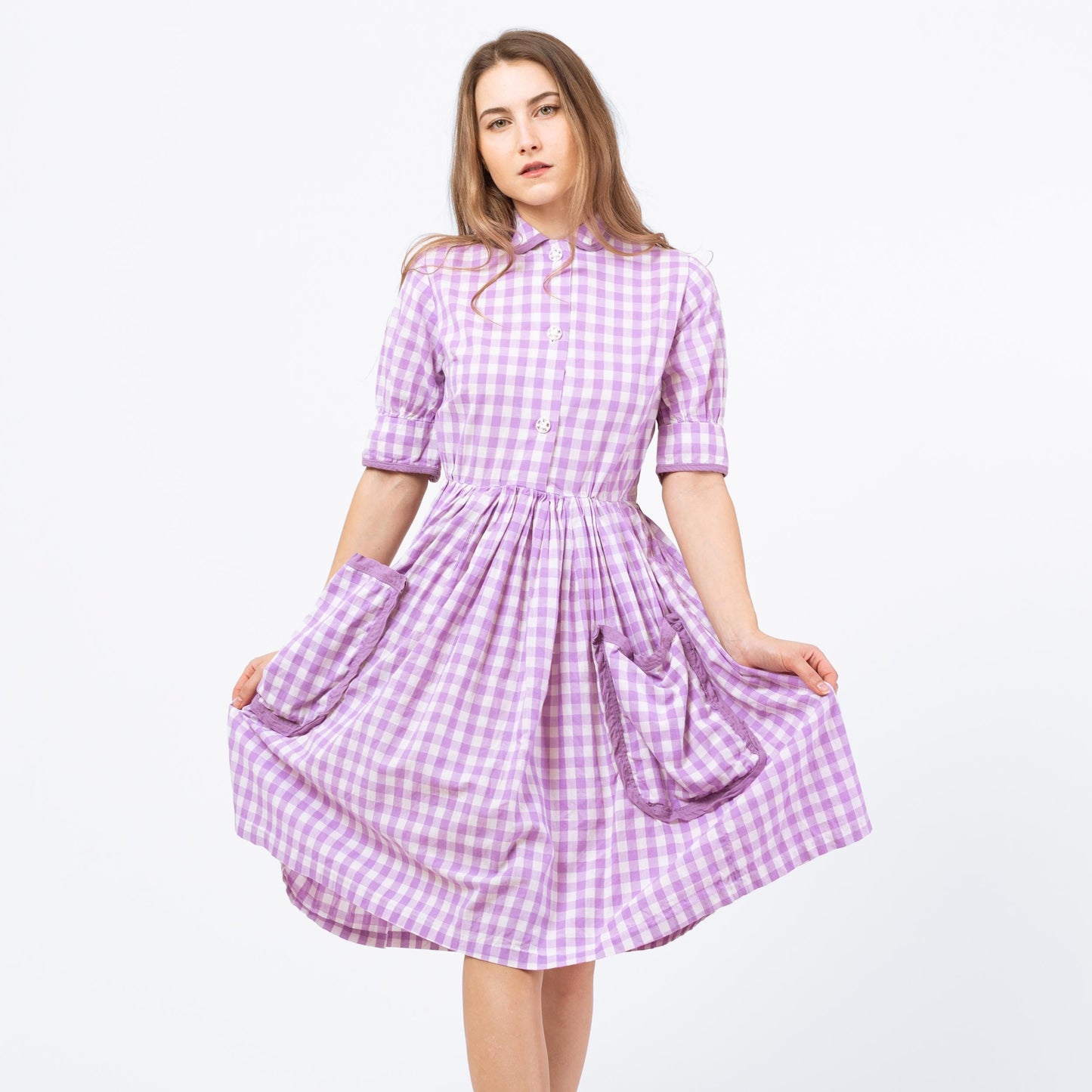Vintage 50s Purple Gingham Fit & Flare Dress - XXS | Retro 1950s Midi Day Dress