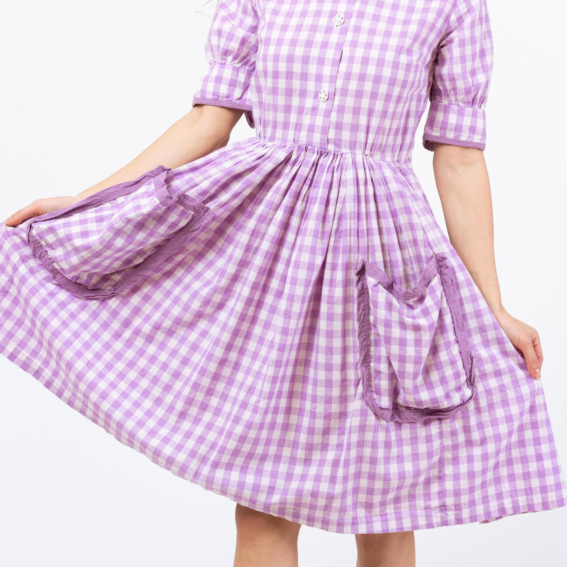 Vintage 50s Purple Gingham Fit & Flare Dress - XXS | Retro 1950s Midi Day Dress