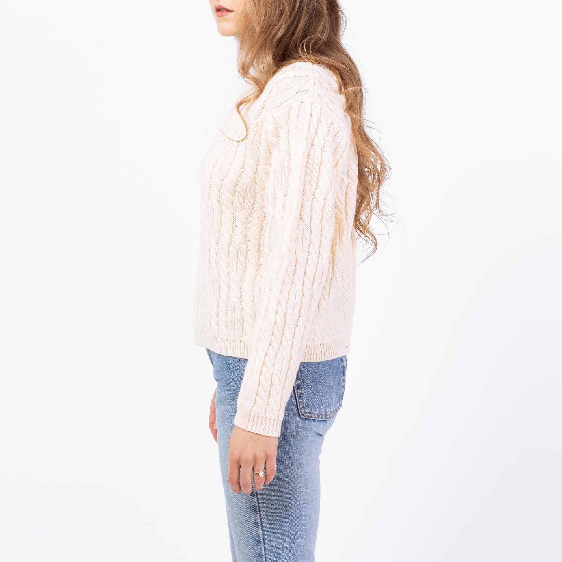 Vintage 90s Cream Cable Knit Sweater - Petite Medium | Chunky Knit Pullover Fisherman Jumper