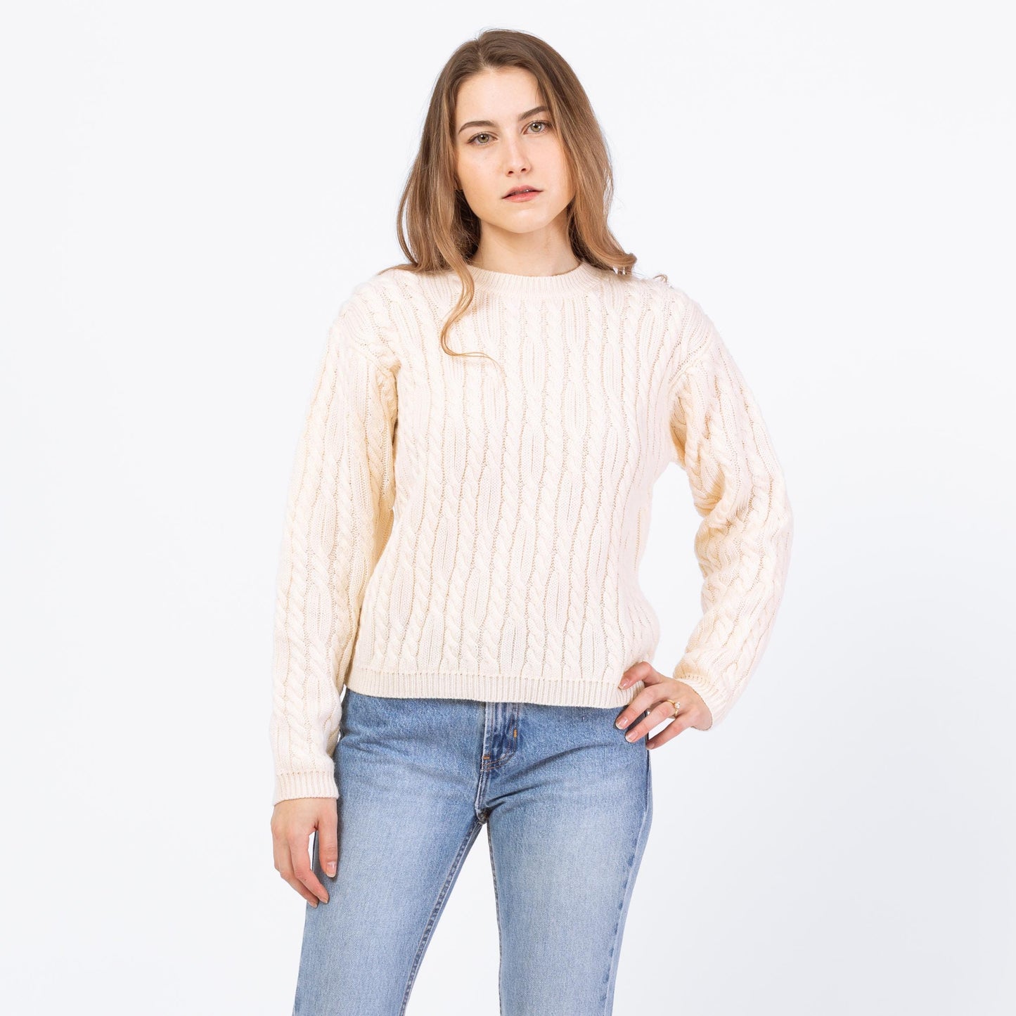 Vintage 90s Cream Cable Knit Sweater - Petite Medium | Chunky Knit Pullover Fisherman Jumper