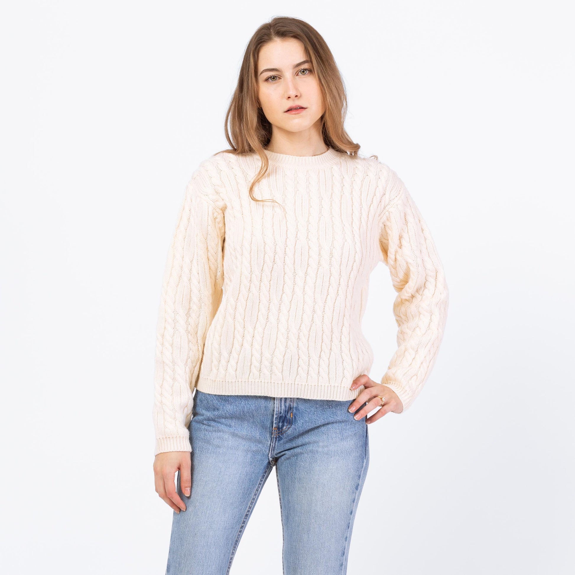 Vintage 90s Cream Cable Knit Sweater - Petite Medium | Chunky Knit Pullover Fisherman Jumper