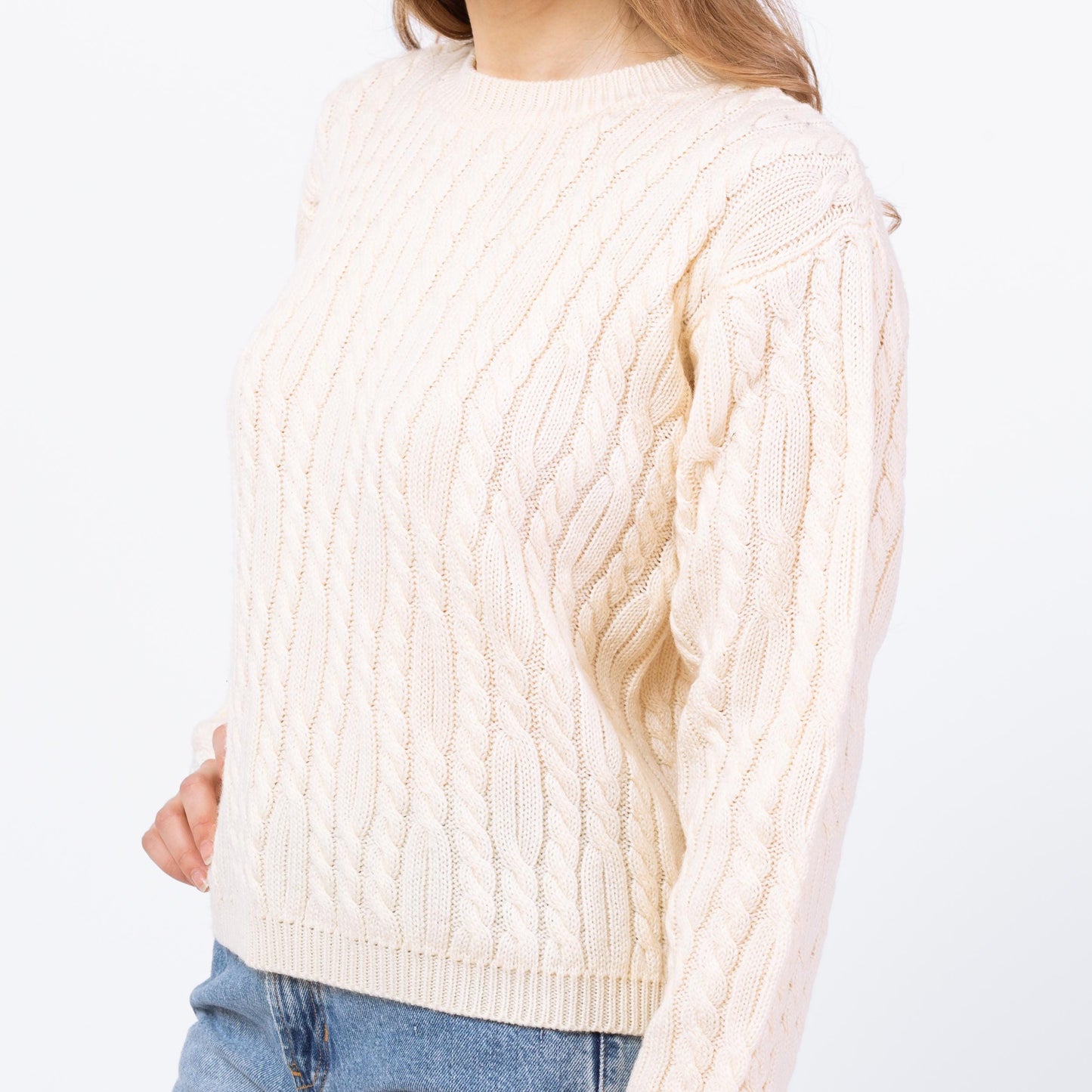 Vintage 90s Cream Cable Knit Sweater - Petite Medium | Chunky Knit Pullover Fisherman Jumper