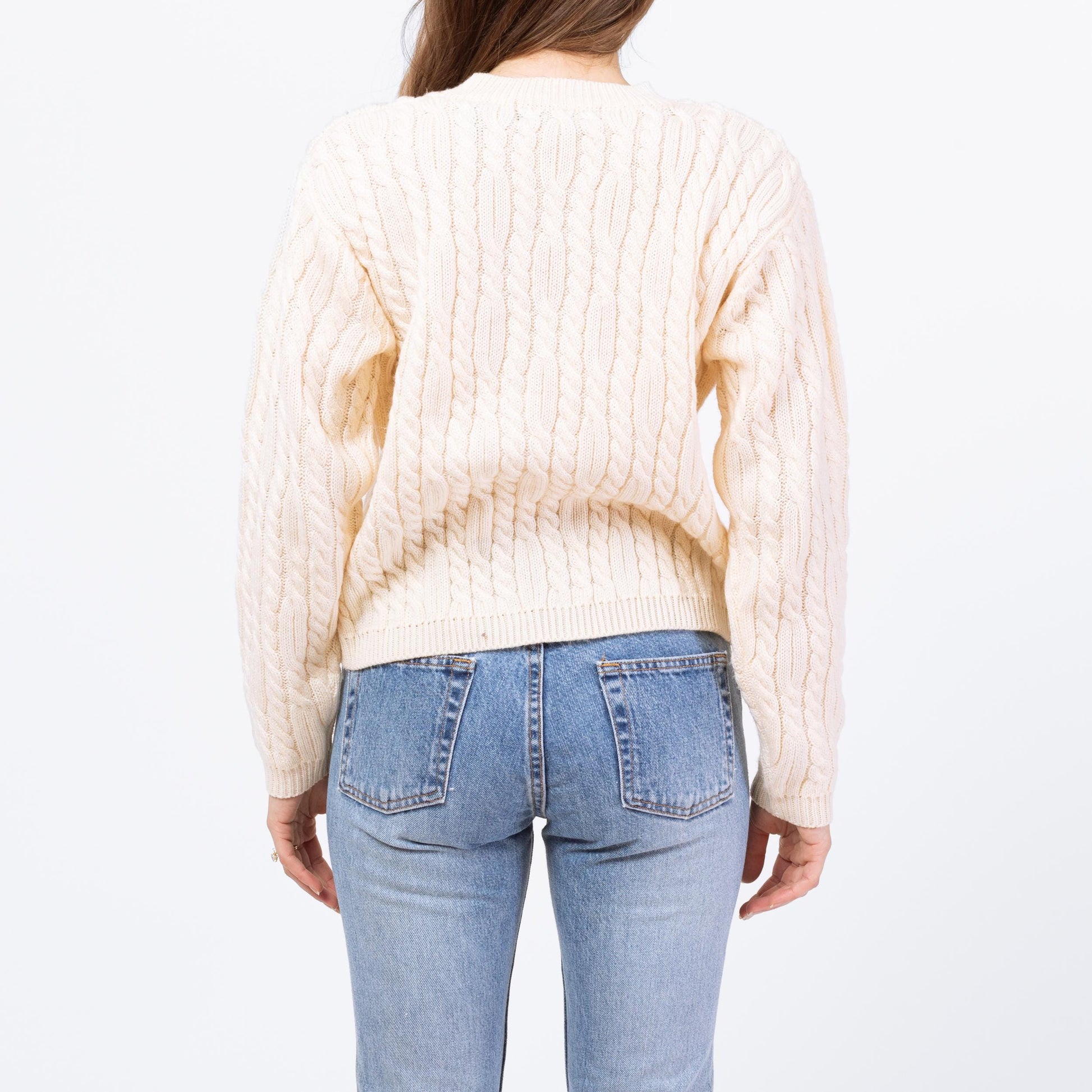 Vintage 90s Cream Cable Knit Sweater - Petite Medium | Chunky Knit Pullover Fisherman Jumper