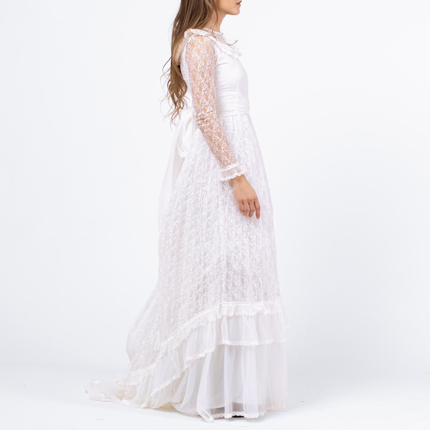 Vintage 60s 70s White Lace Wedding Dress - XXS | Long Sheer Sleeve Full Skirt Bridal Gown
