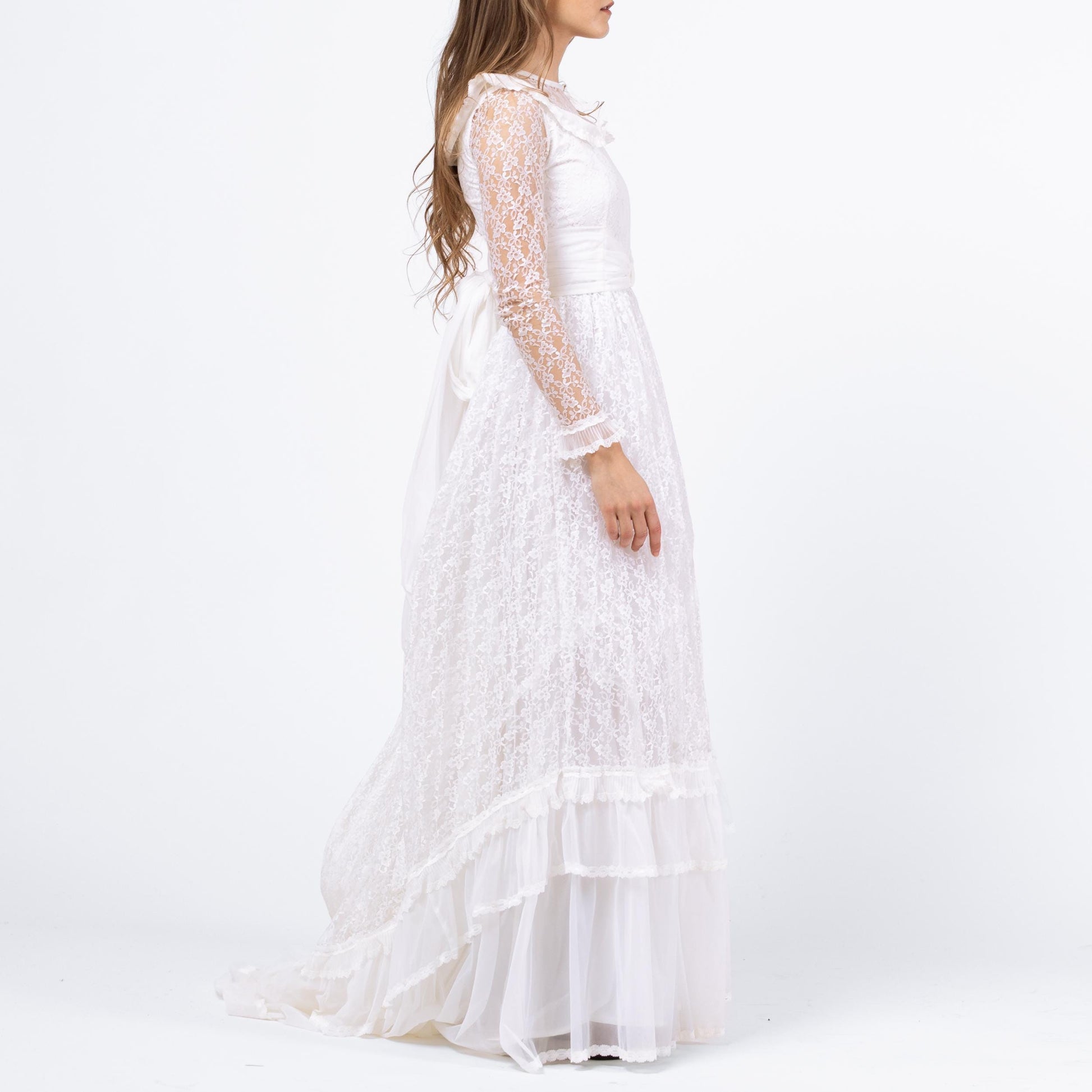 Vintage 60s 70s White Lace Wedding Dress - XXS | Long Sheer Sleeve Full Skirt Bridal Gown