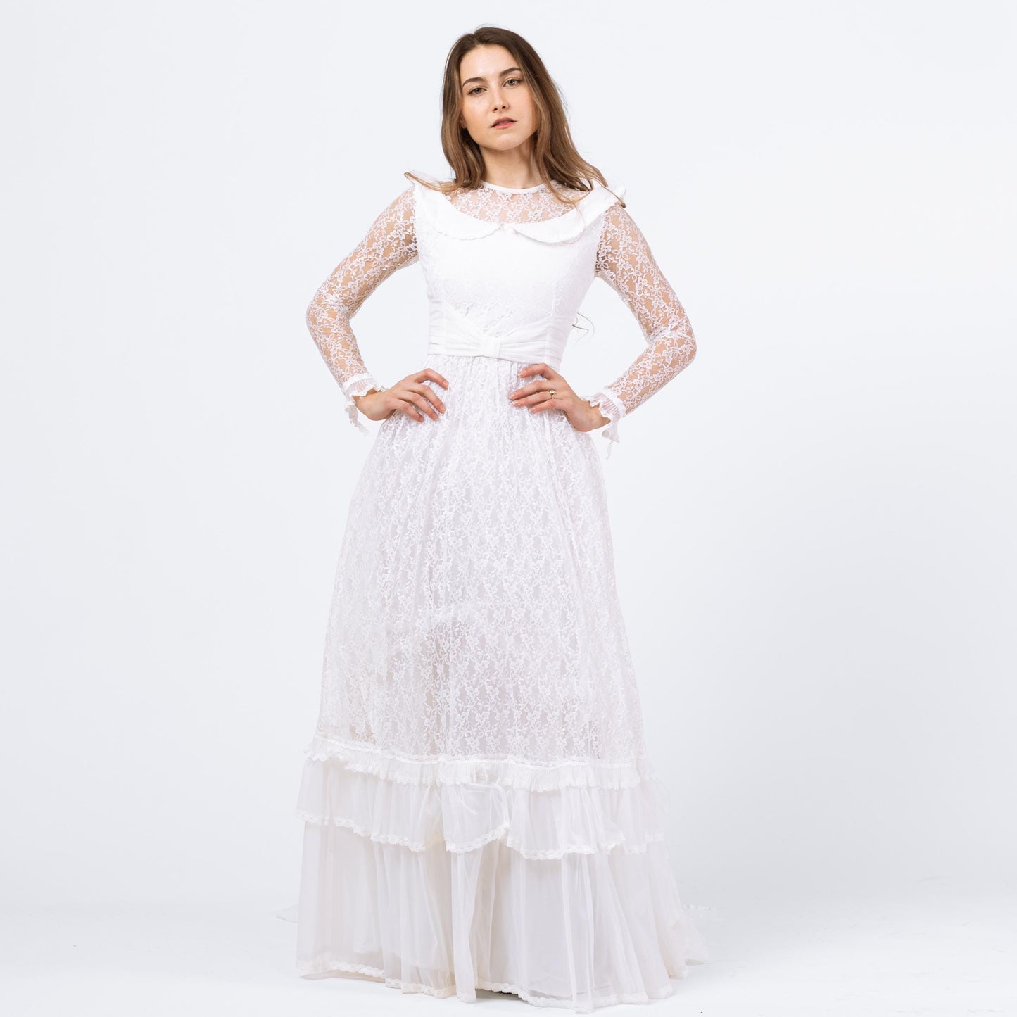 Vintage 60s 70s White Lace Wedding Dress - XXS | Long Sheer Sleeve Full Skirt Bridal Gown