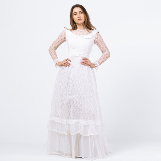 Vintage 60s 70s White Lace Wedding Dress - XXS | Long Sheer Sleeve Full Skirt Bridal Gown
