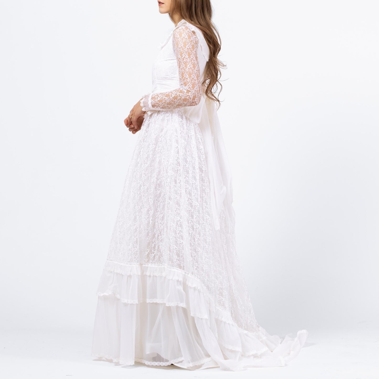 Vintage 60s 70s White Lace Wedding Dress - XXS | Long Sheer Sleeve Full Skirt Bridal Gown