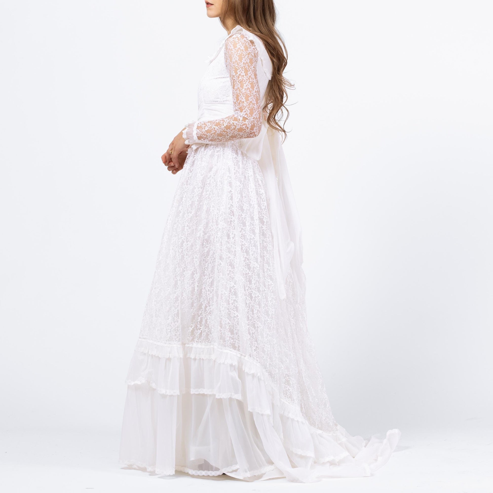 Vintage 60s 70s White Lace Wedding Dress - XXS | Long Sheer Sleeve Full Skirt Bridal Gown