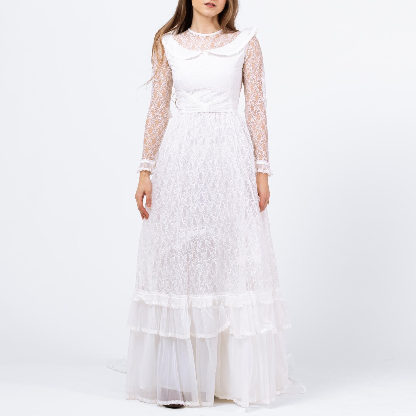 Vintage 60s 70s White Lace Wedding Dress - XXS | Long Sheer Sleeve Full Skirt Bridal Gown