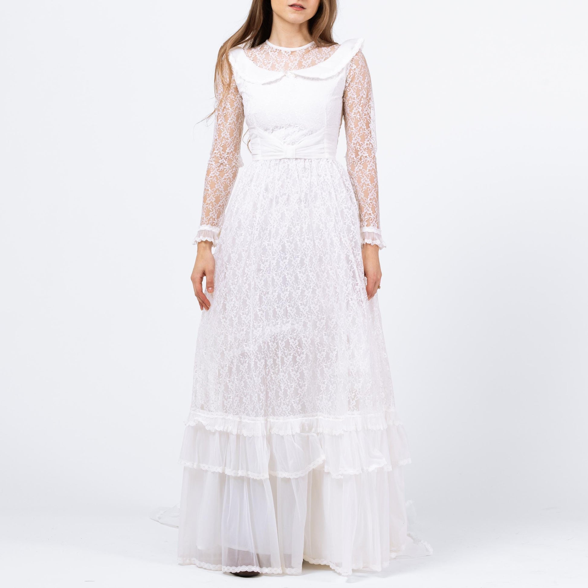 Vintage 60s 70s White Lace Wedding Dress - XXS | Long Sheer Sleeve Full Skirt Bridal Gown
