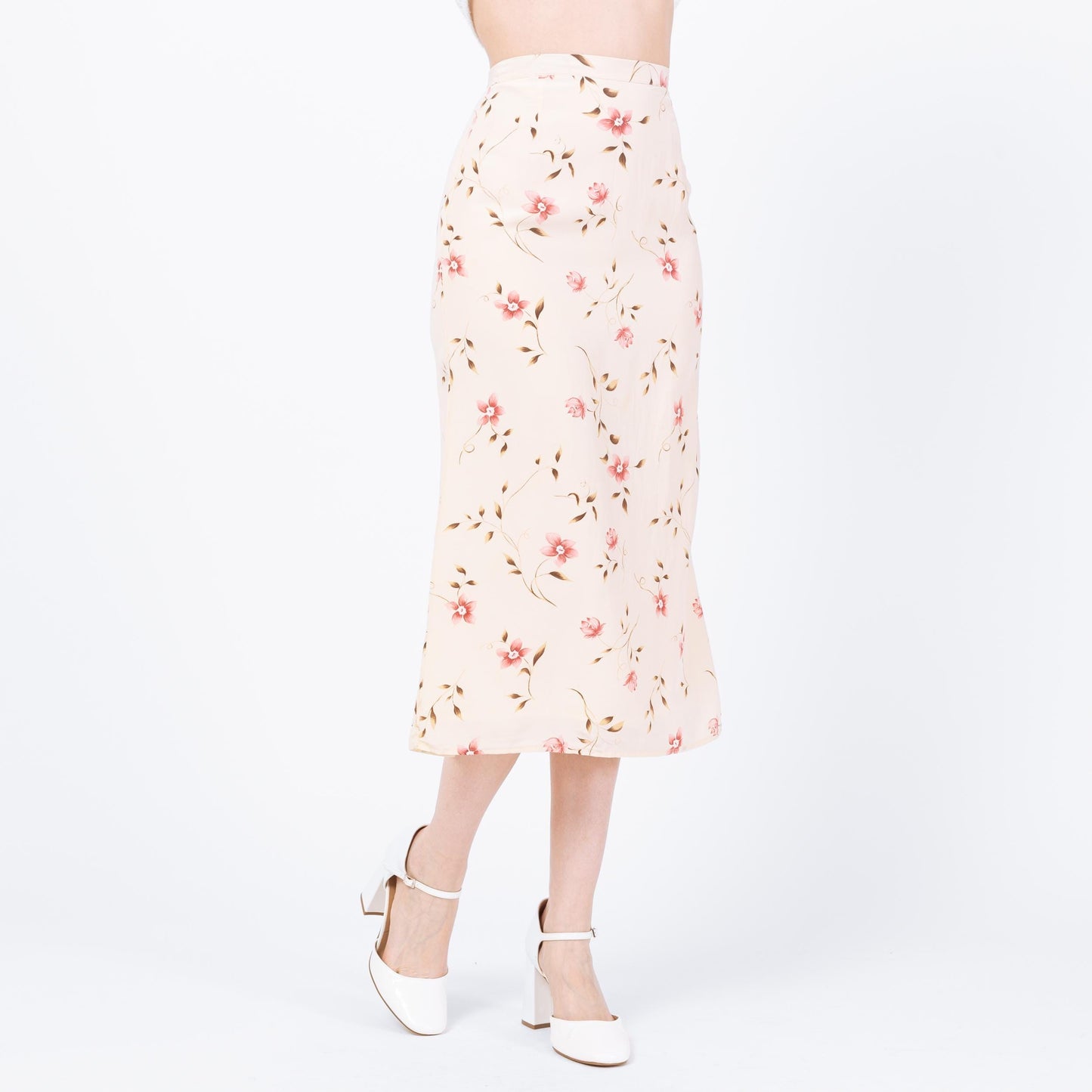 Vintage 90s Cream Silk Floral Midi Skirt - Extra Small, 24" | Boho High Waisted A Line Skirt