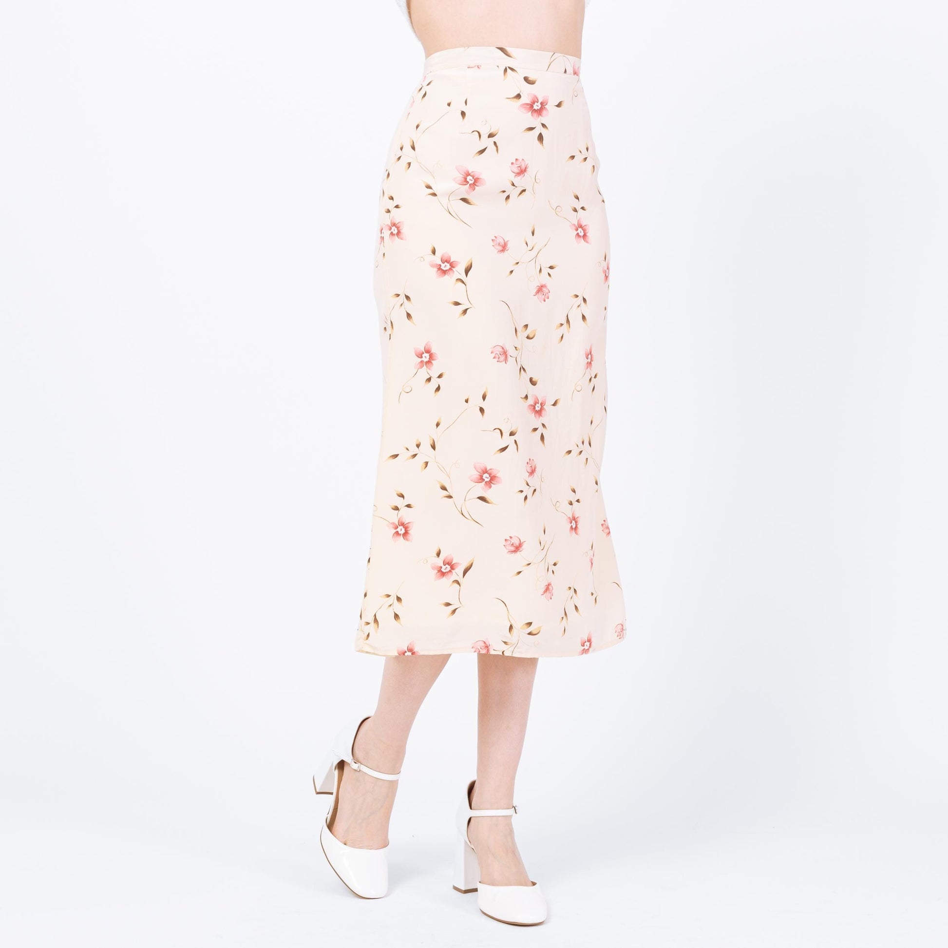 Vintage 90s Cream Silk Floral Midi Skirt - Extra Small, 24" | Boho High Waisted A Line Skirt
