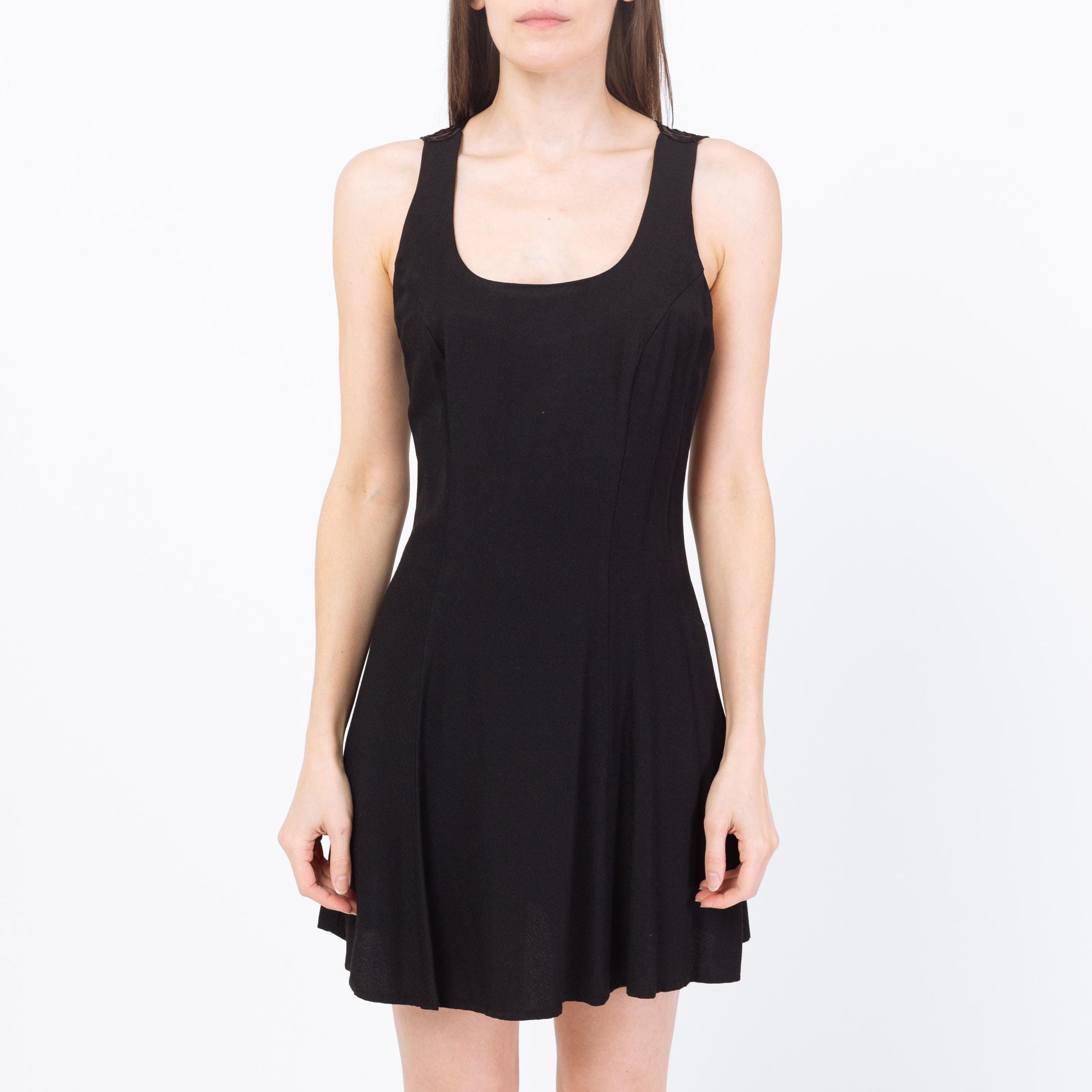 Vintage 90s Black Illusion Lace Back Mini Dress - Small | Floral Mesh LBD Party Dress