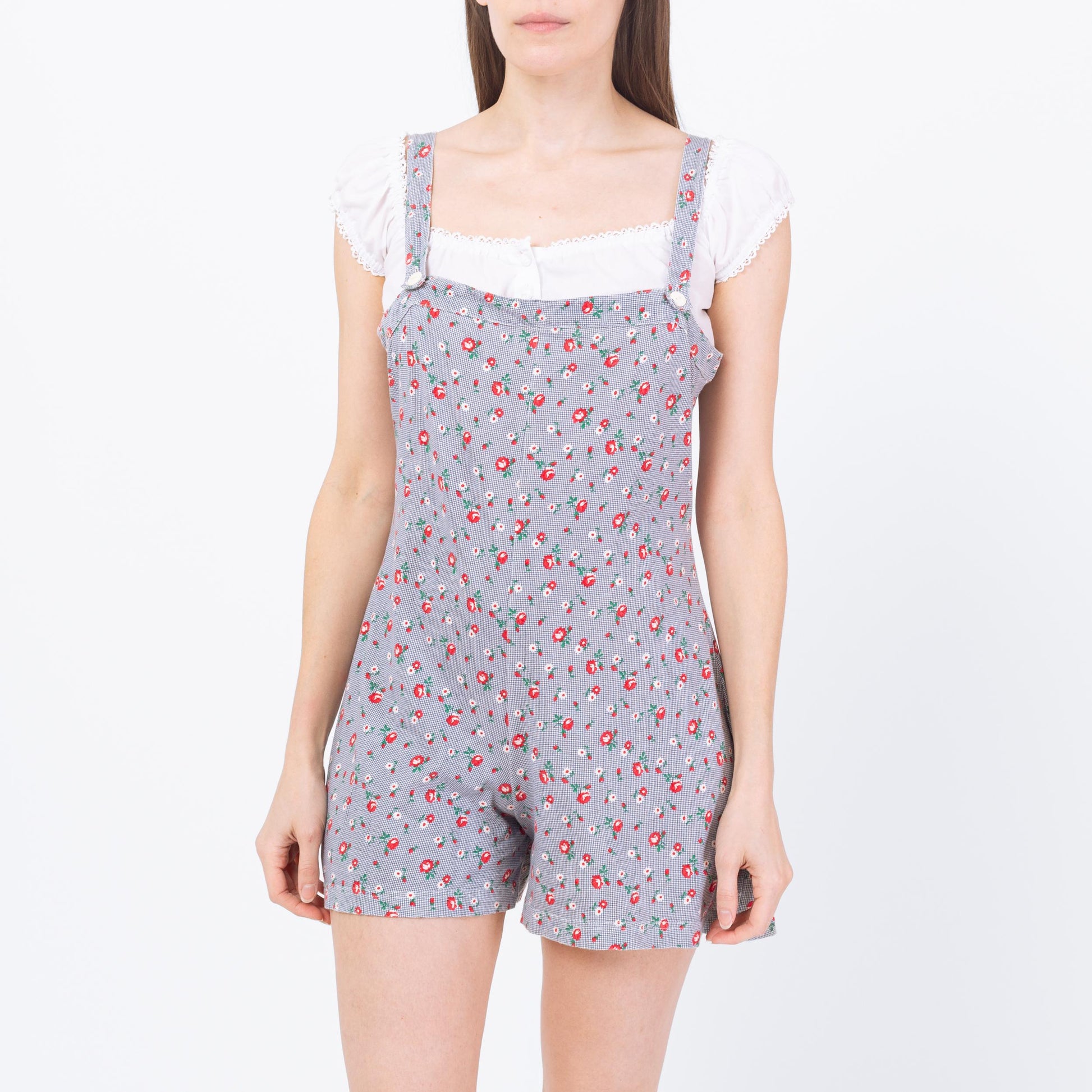 Vintage 90s Victoria's Secret Floral Pinafore Romper - Small to Petite Medium | Blue Calico Mini Playsuit