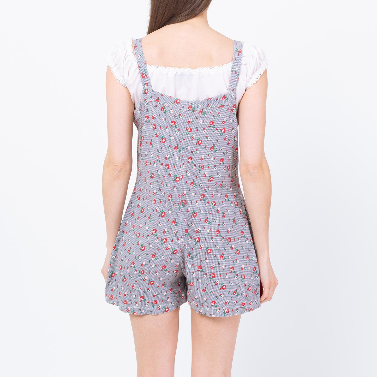 Vintage 90s Victoria's Secret Floral Pinafore Romper - Small to Petite Medium | Blue Calico Mini Playsuit