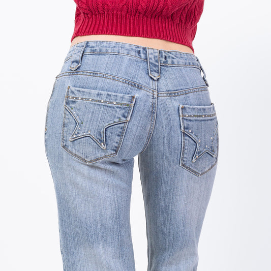 Vintage Y2K Studded Star Pocket Low Rise Jeans - Small to Medium | 2000s Light Wash Bootcut Denim