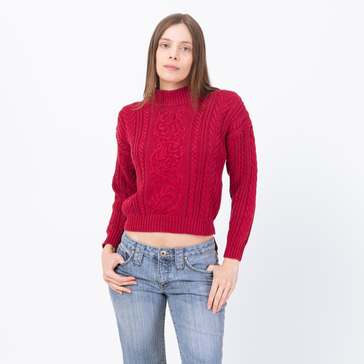 Vintage 90s Raspberry Red Cropped Cable Knit Sweater - Small | Embroidered Chunky Knit Pullover