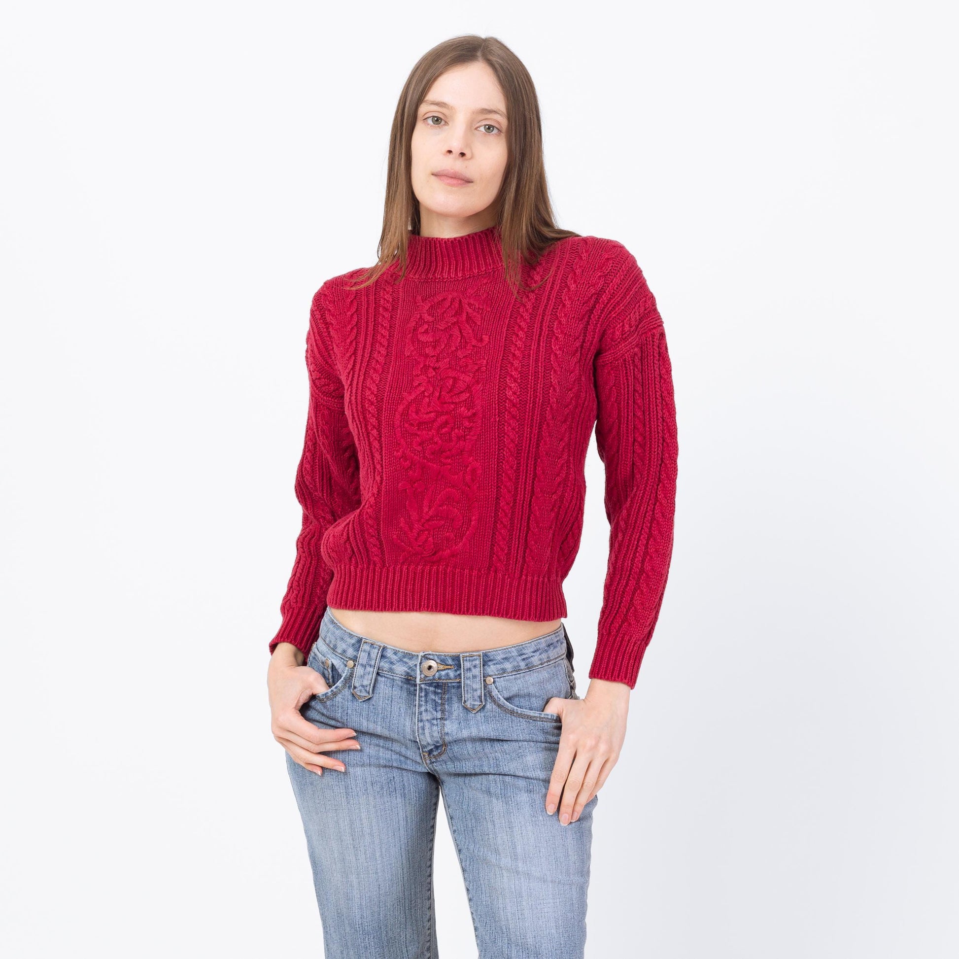 Vintage 90s Raspberry Red Cropped Cable Knit Sweater - Small | Embroidered Chunky Knit Pullover