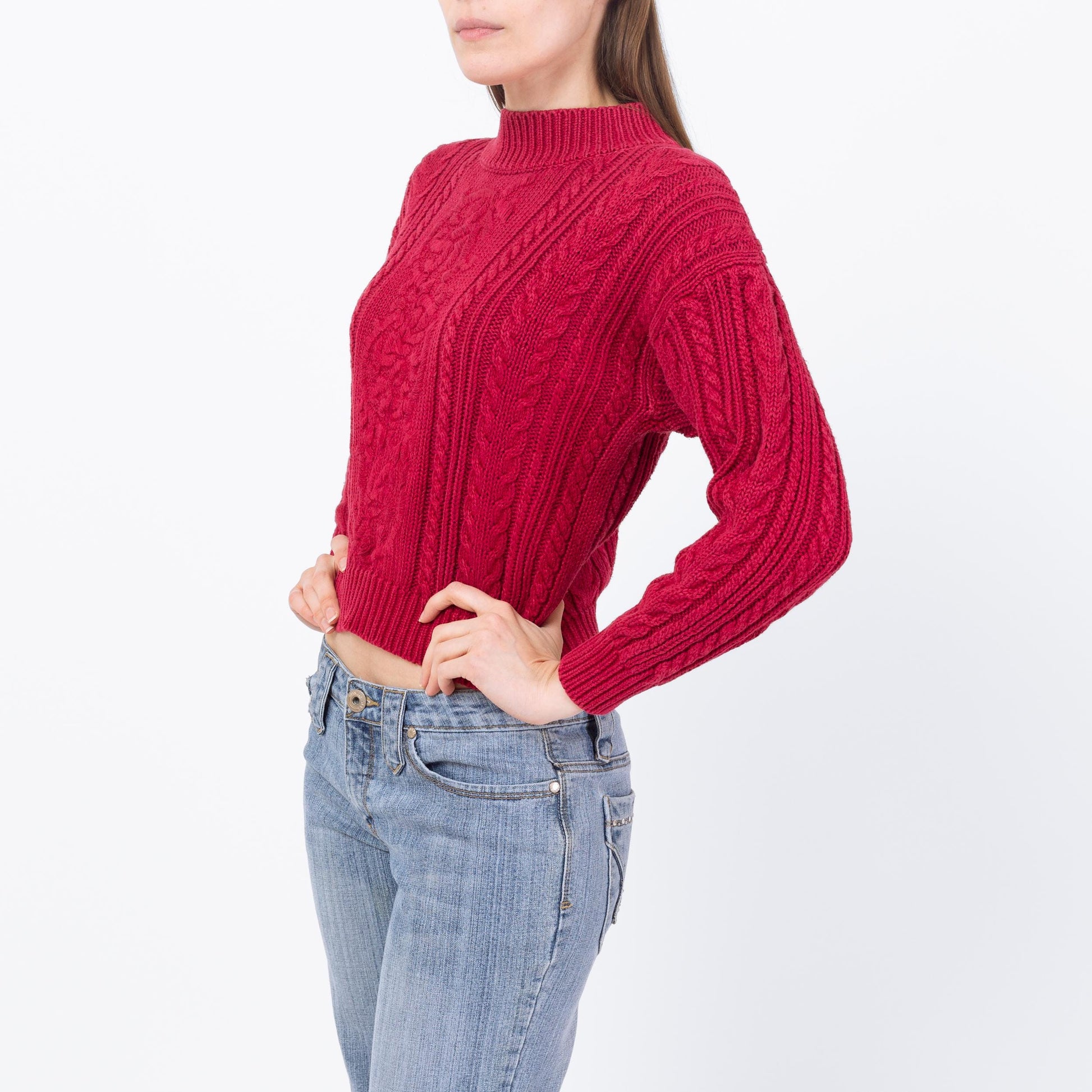 Vintage 90s Raspberry Red Cropped Cable Knit Sweater - Small | Embroidered Chunky Knit Pullover