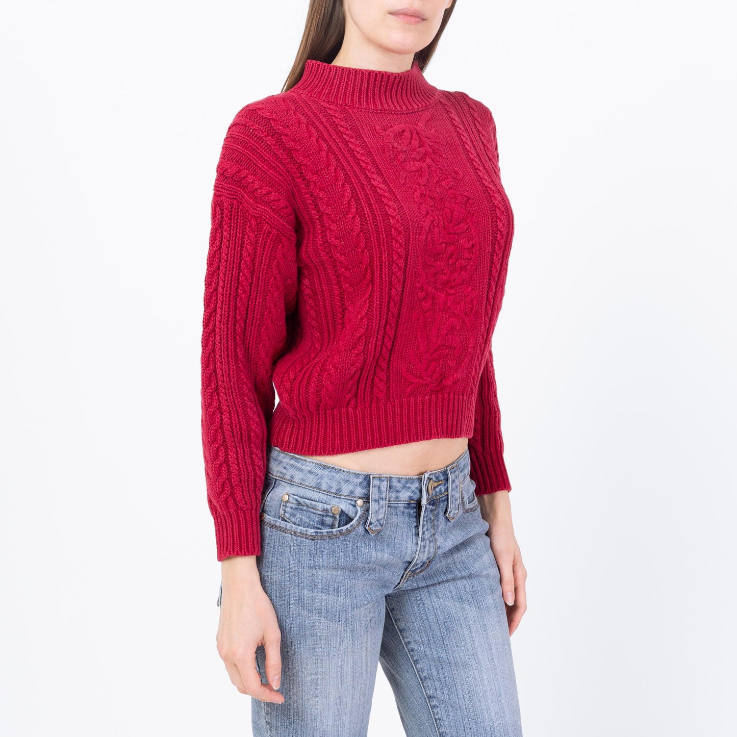 Vintage 90s Raspberry Red Cropped Cable Knit Sweater - Small | Embroidered Chunky Knit Pullover