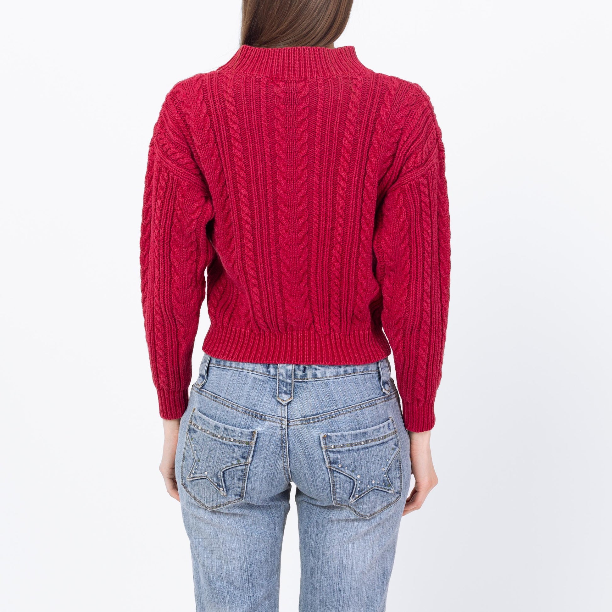 Vintage 90s Raspberry Red Cropped Cable Knit Sweater - Small | Embroidered Chunky Knit Pullover
