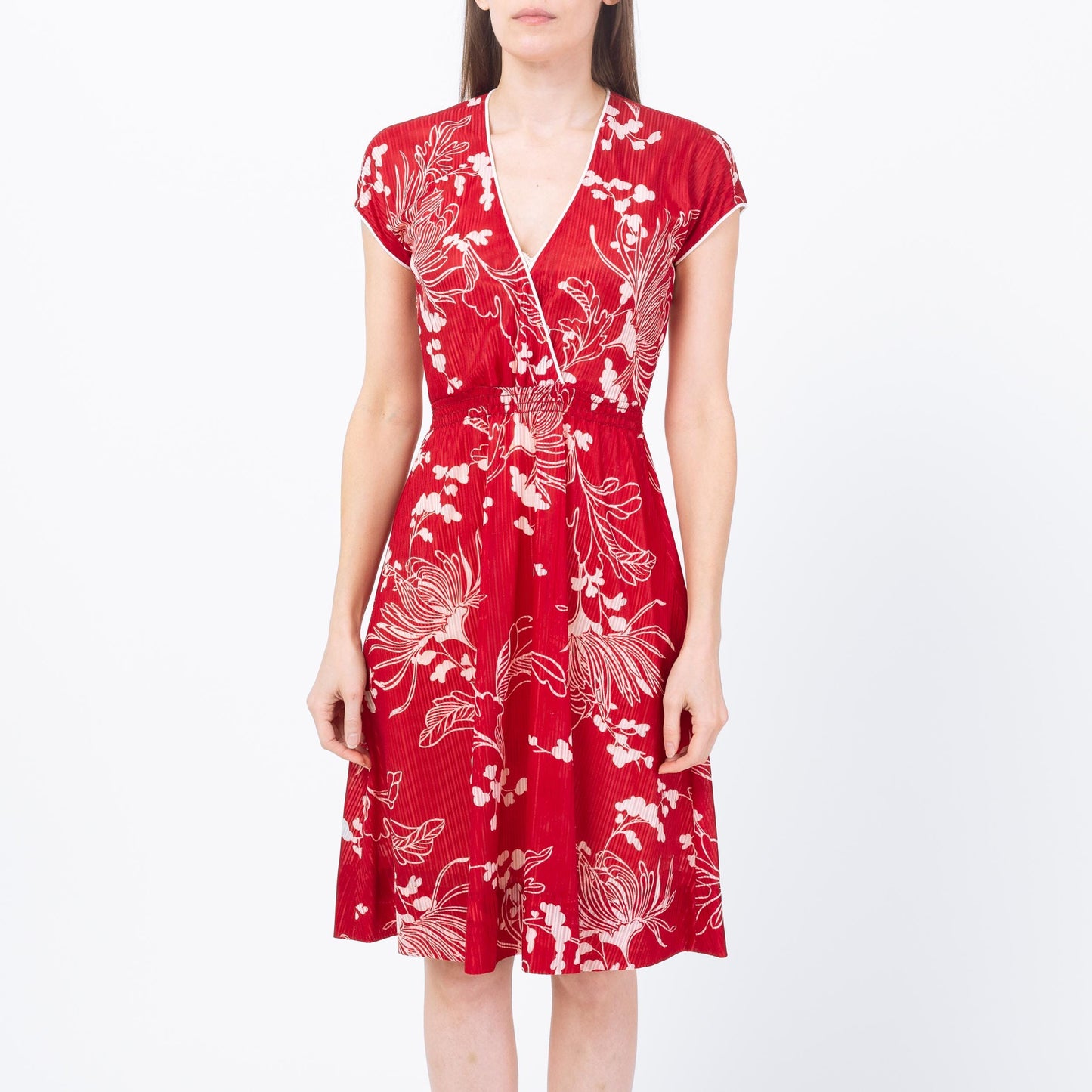 Vintage 70s Red & White Tropical Floral Sundress - Small | Boho V Neck Knee Length Summer Dress