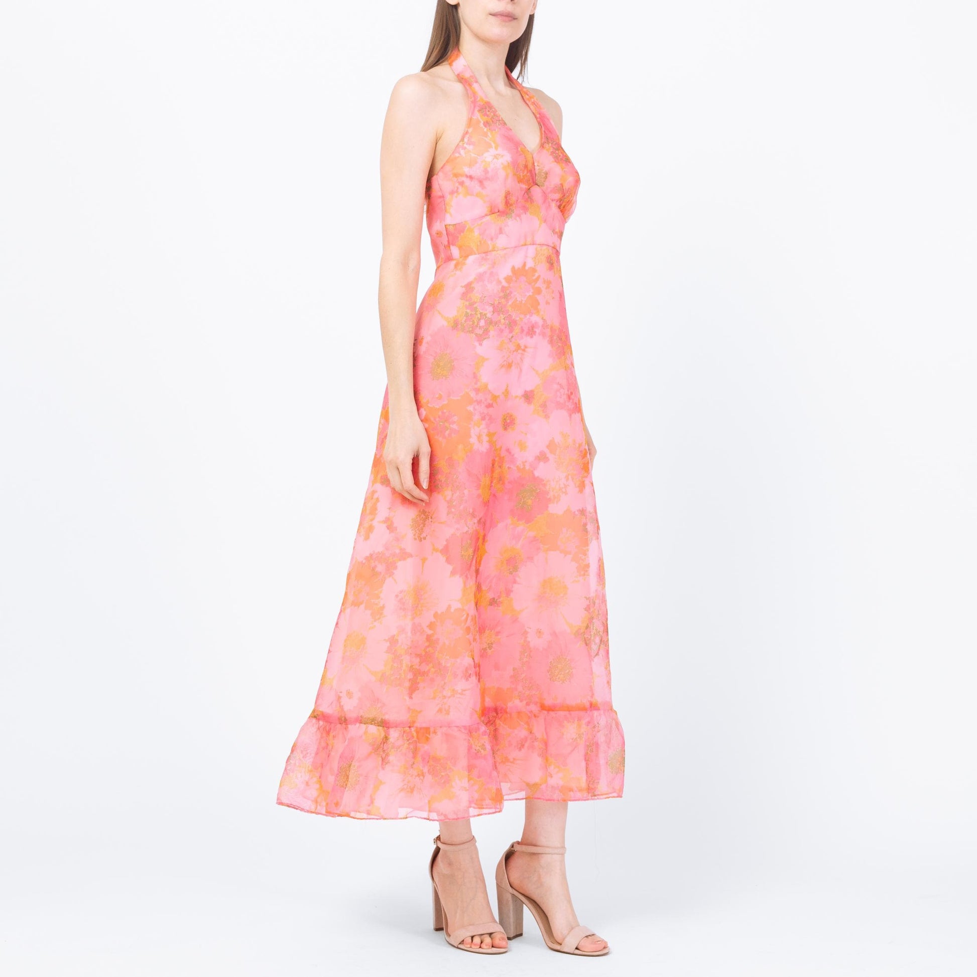 Vintage 70s Pink Floral Organza Maxi Dress - Petite Small | Boho Hippie Halter Sundress