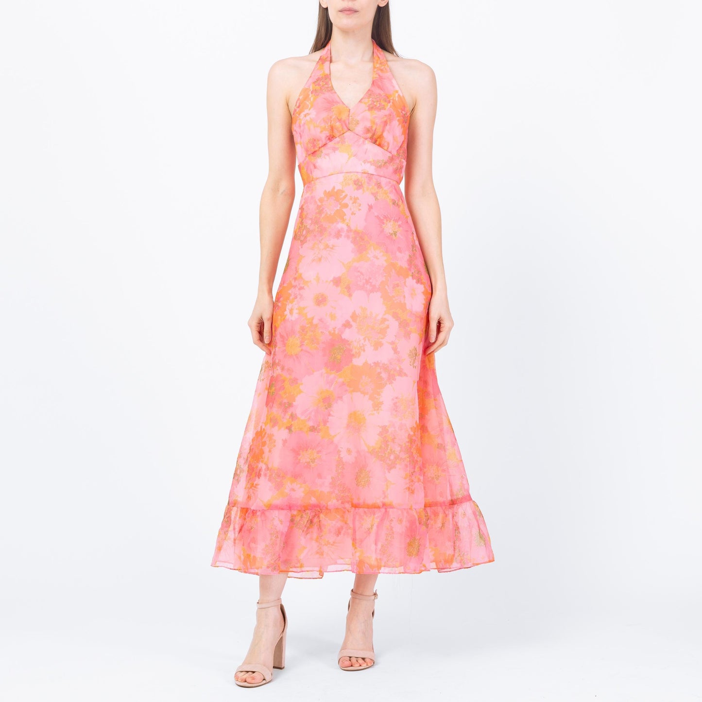 Vintage 70s Pink Floral Organza Maxi Dress - Petite Small | Boho Hippie Halter Sundress