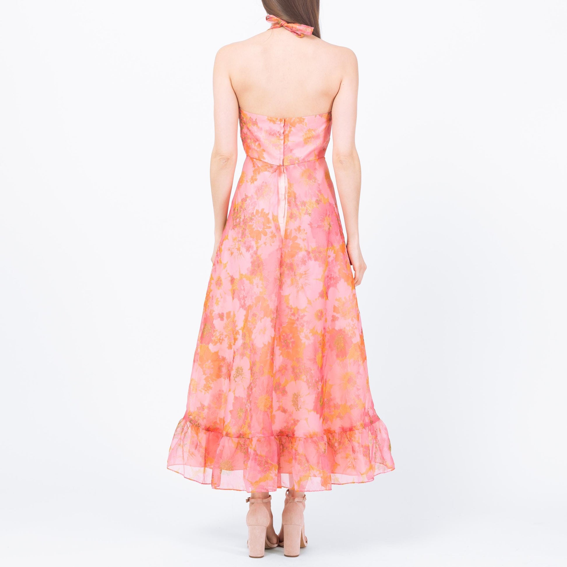Vintage 70s Pink Floral Organza Maxi Dress - Petite Small | Boho Hippie Halter Sundress